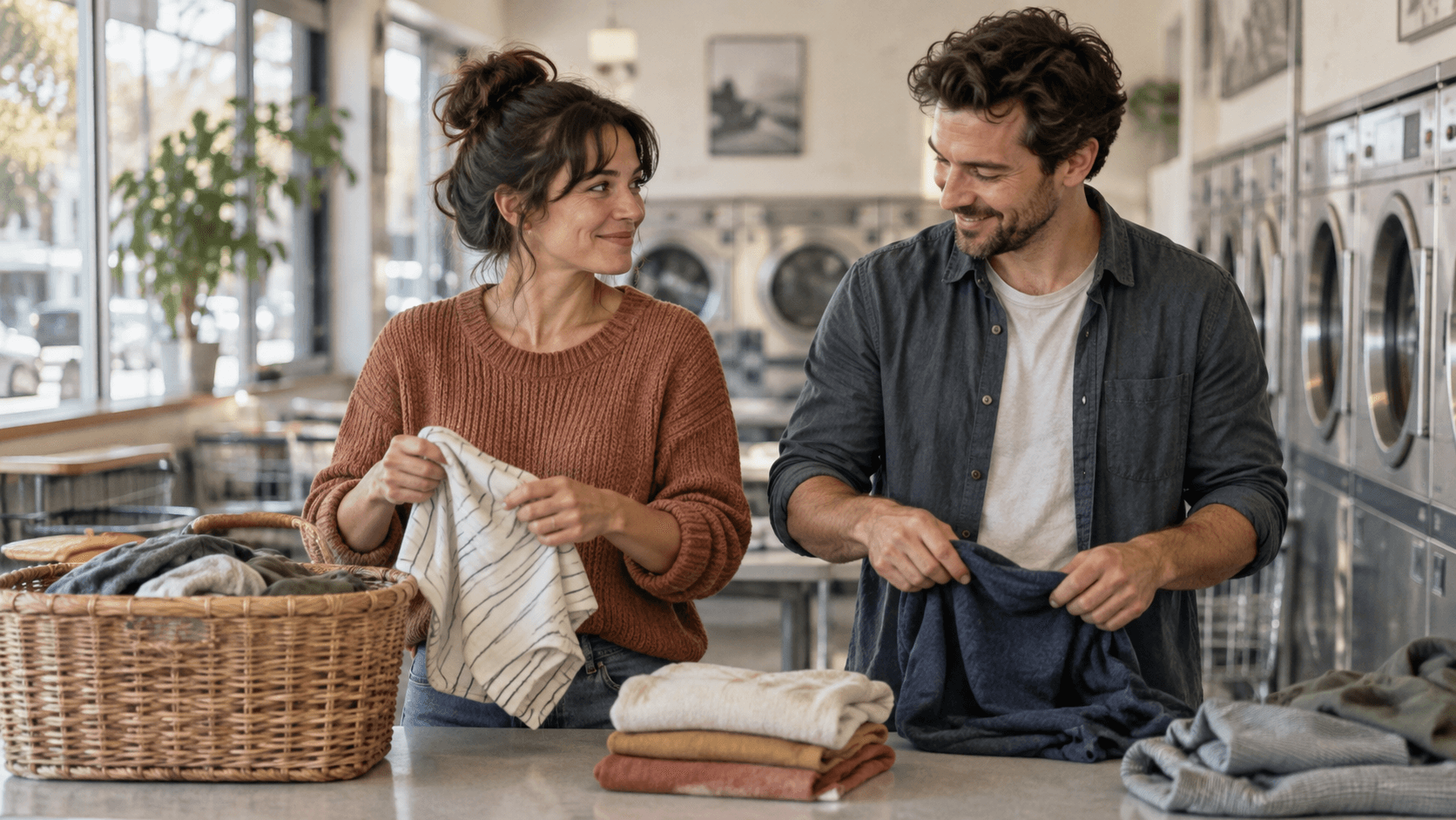 Man and woman sharing the familiar routine of folding laundry together