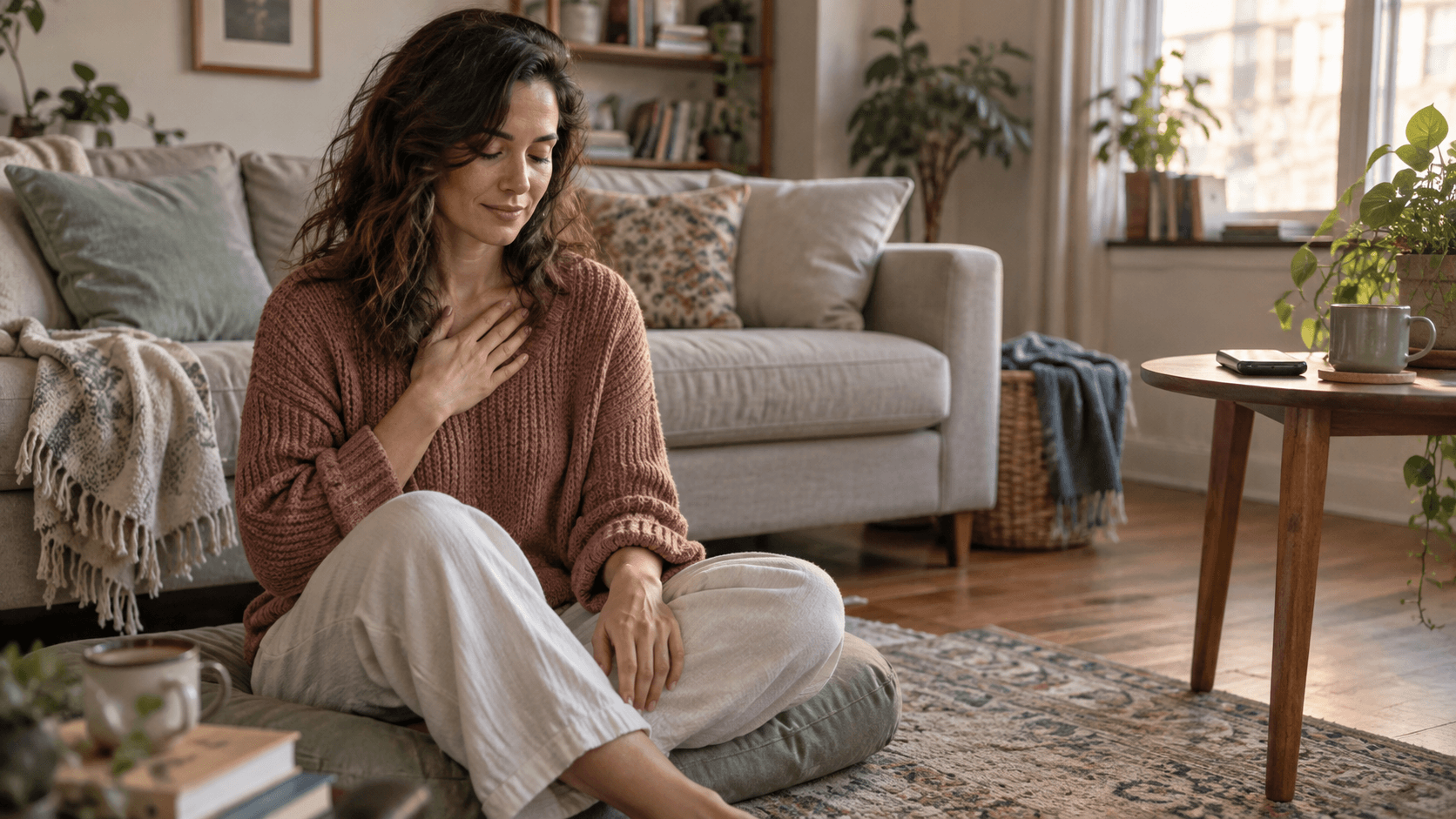Woman taking a grounding breath while her phone rests face-down across the room