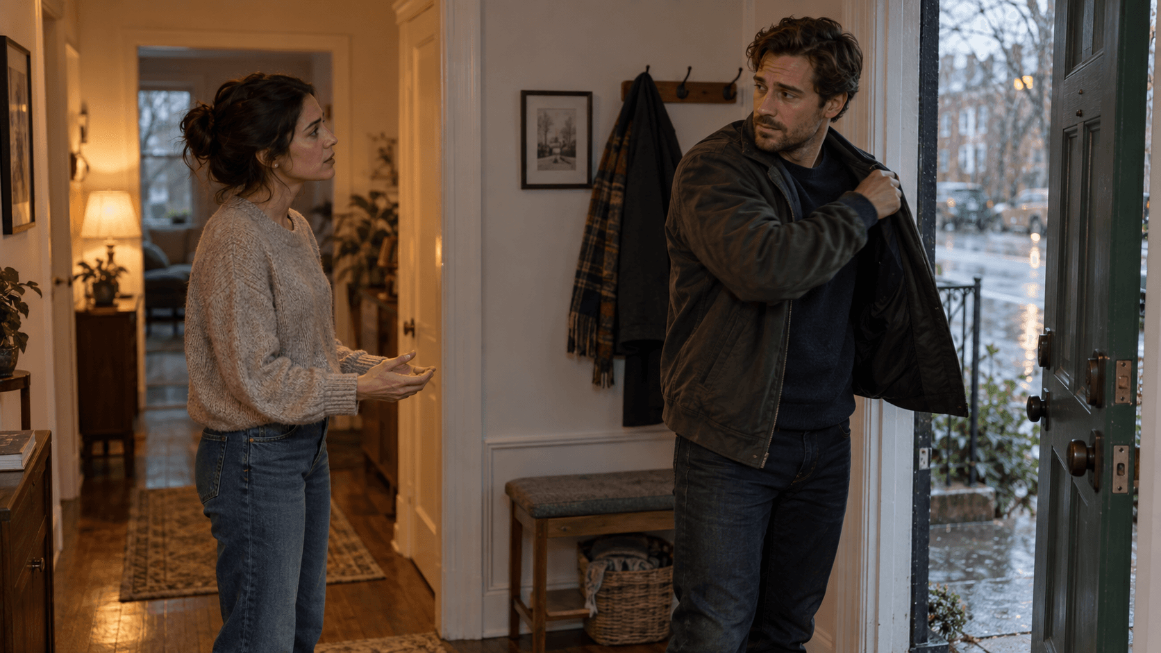 Woman seeking conversation as a conflicted man prepares to leave through an open doorway
