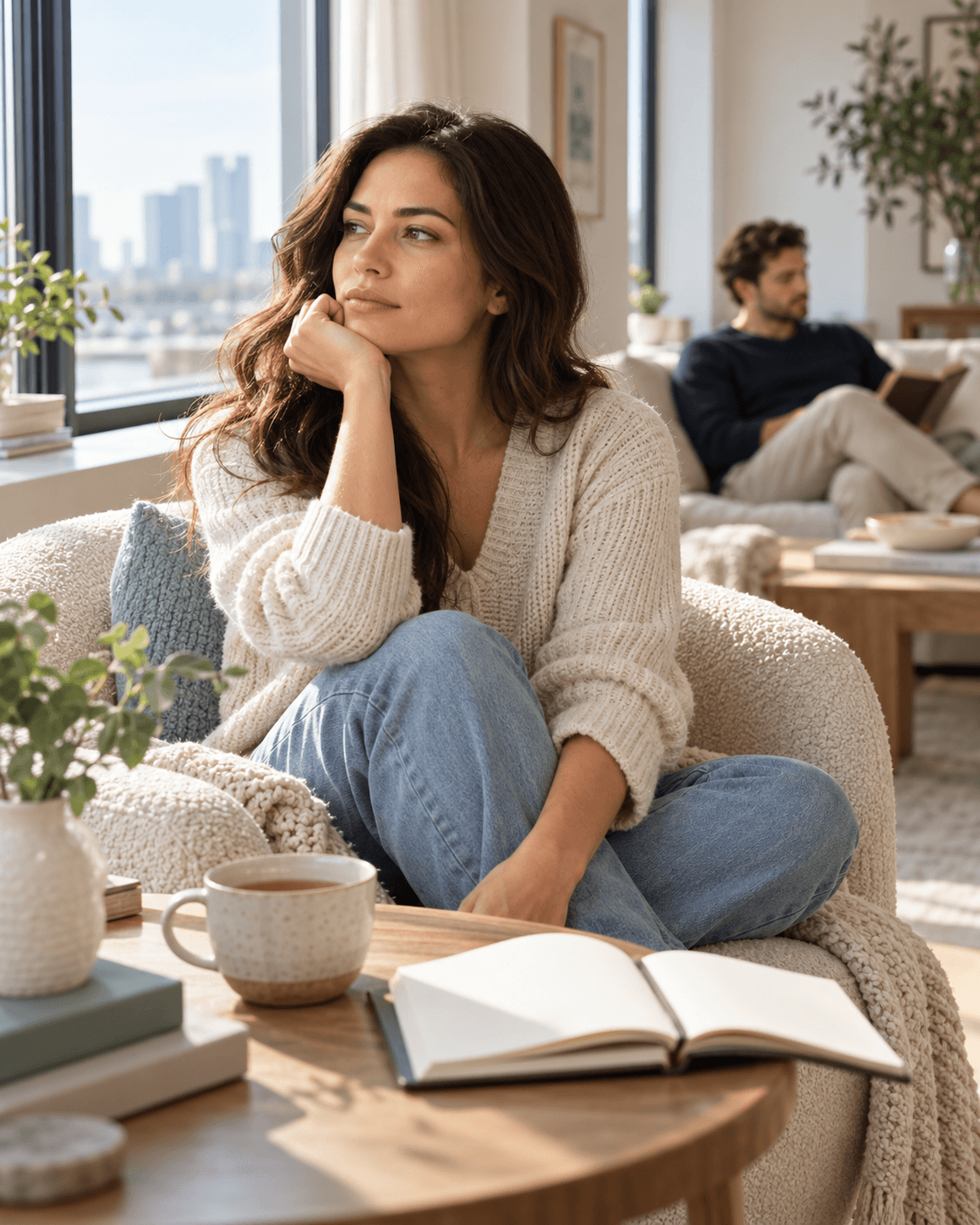 A thoughtful woman evaluates her relationship from a calm seat by the window