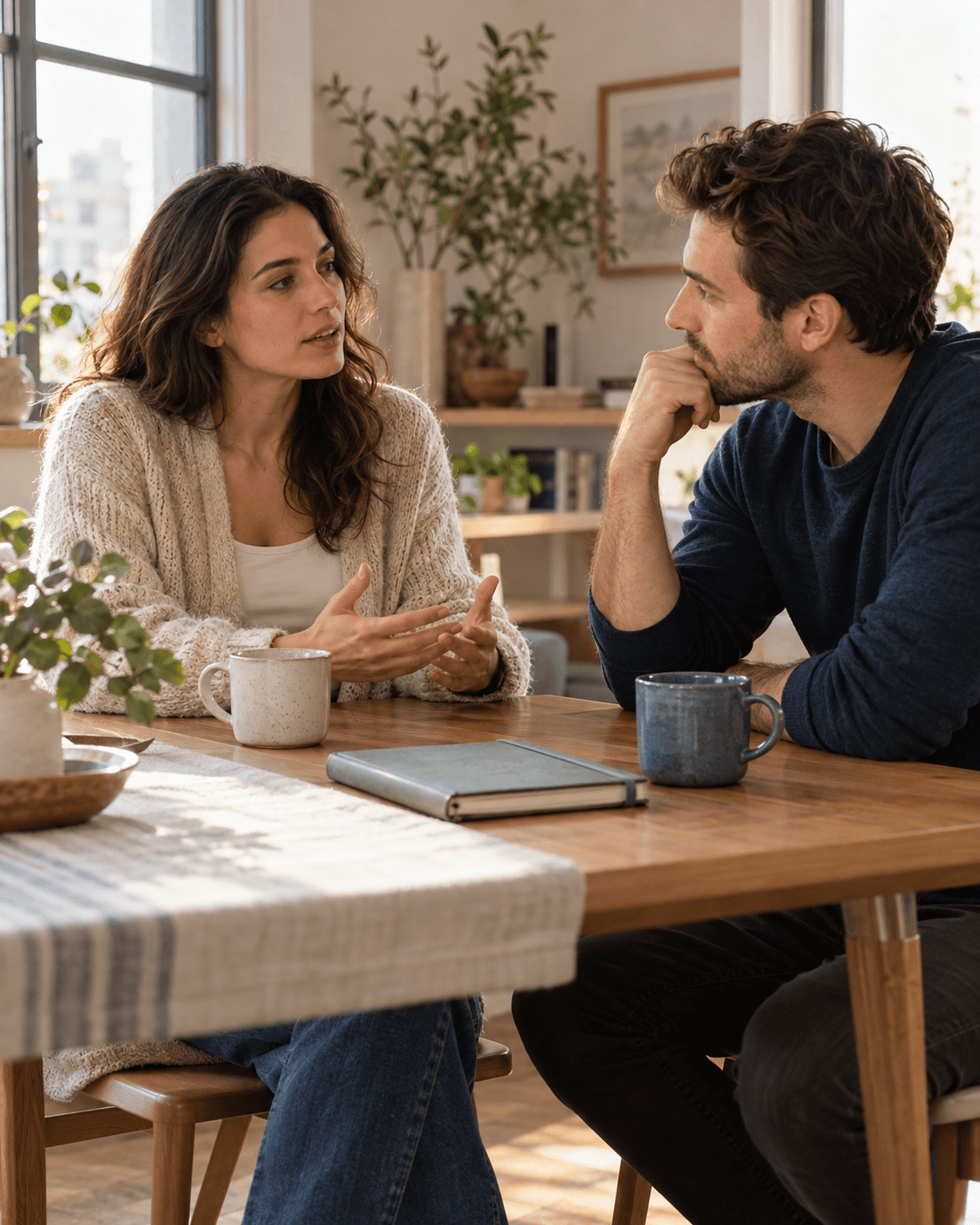 A woman calmly asks her attentive partner for more mutual effort at their dining table