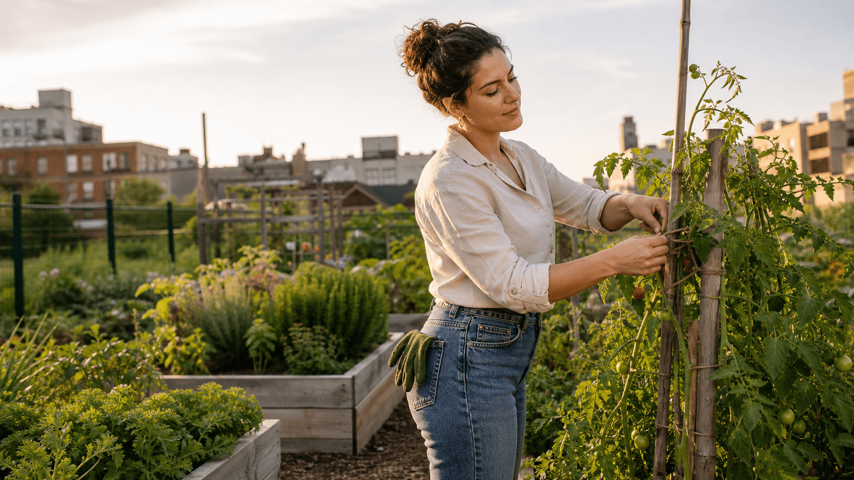 A confident woman tends a thriving tomato plant in a sunny urban community garden she enjoys.