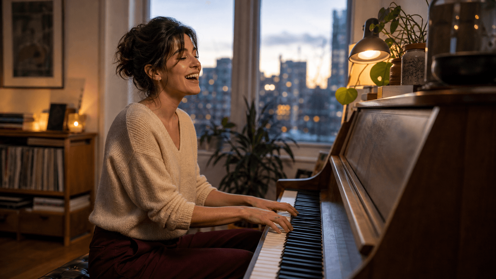 Joyful confident woman playing an upright piano in her apartment at dusk