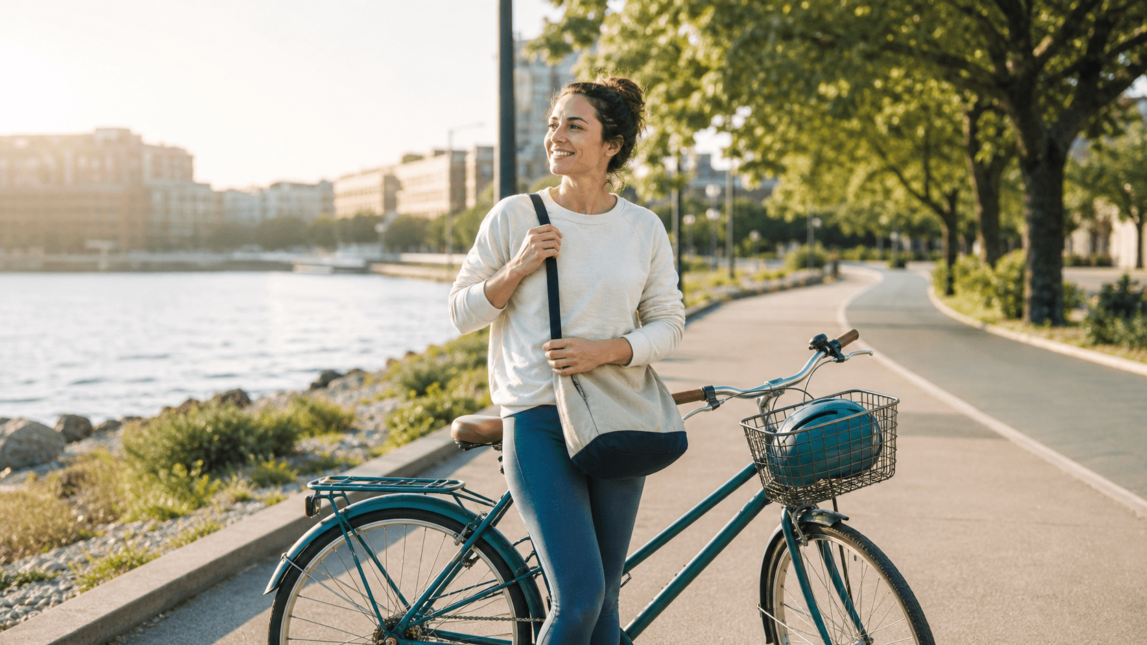 Confident woman smiling beside her bicycle on a sunny waterfront path