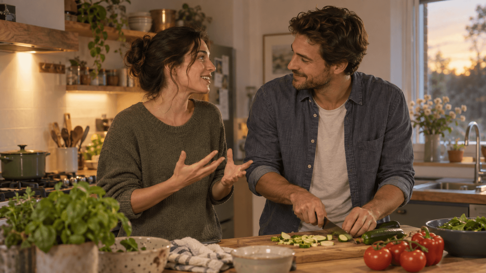 Couple sharing an attentive conversation while preparing dinner together