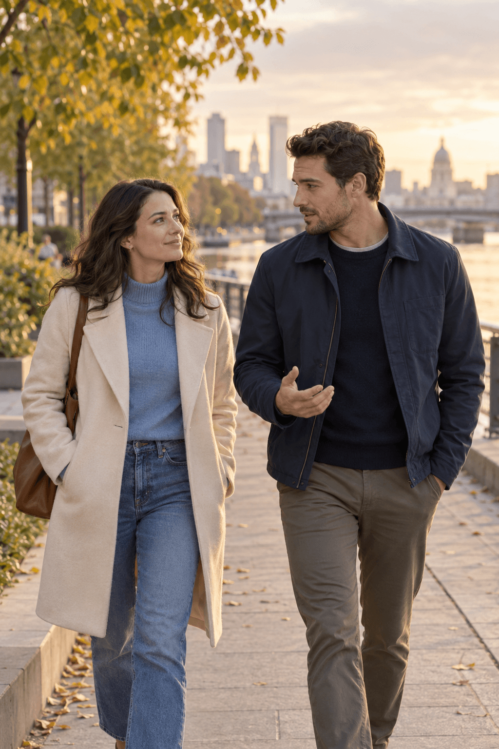 A former couple talking calmly while taking a walk together after a breakup