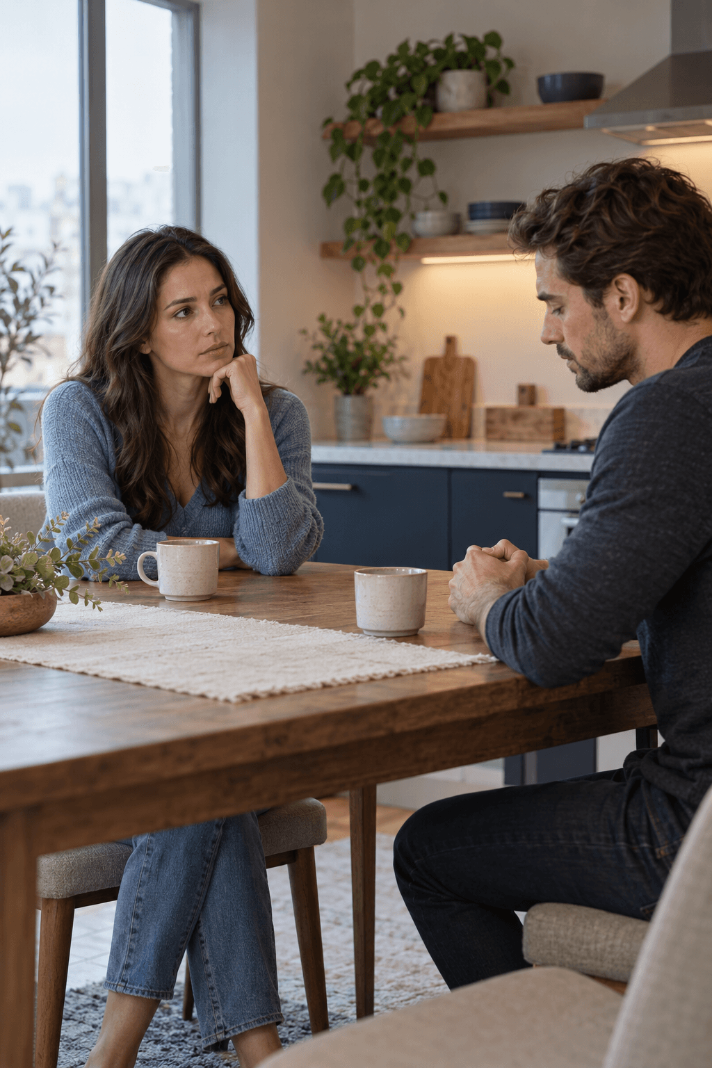 A former couple having a serious and accountable conversation after trust was broken