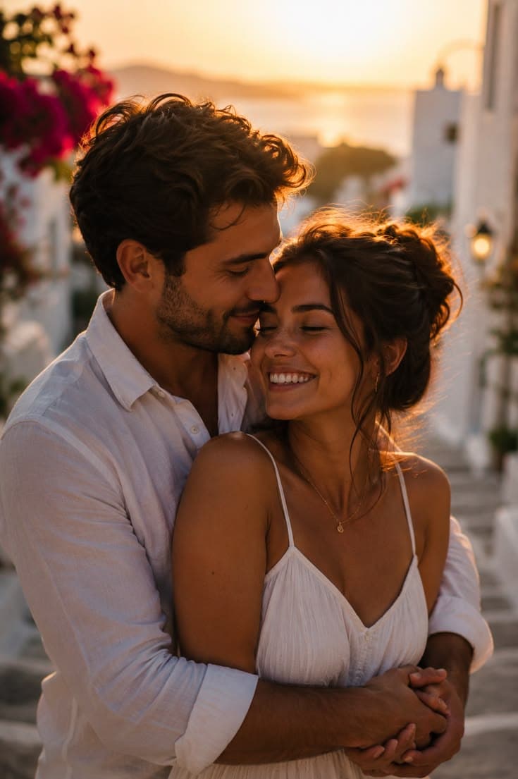 A happy couple sharing a warm embrace at sunset in a Greek village
