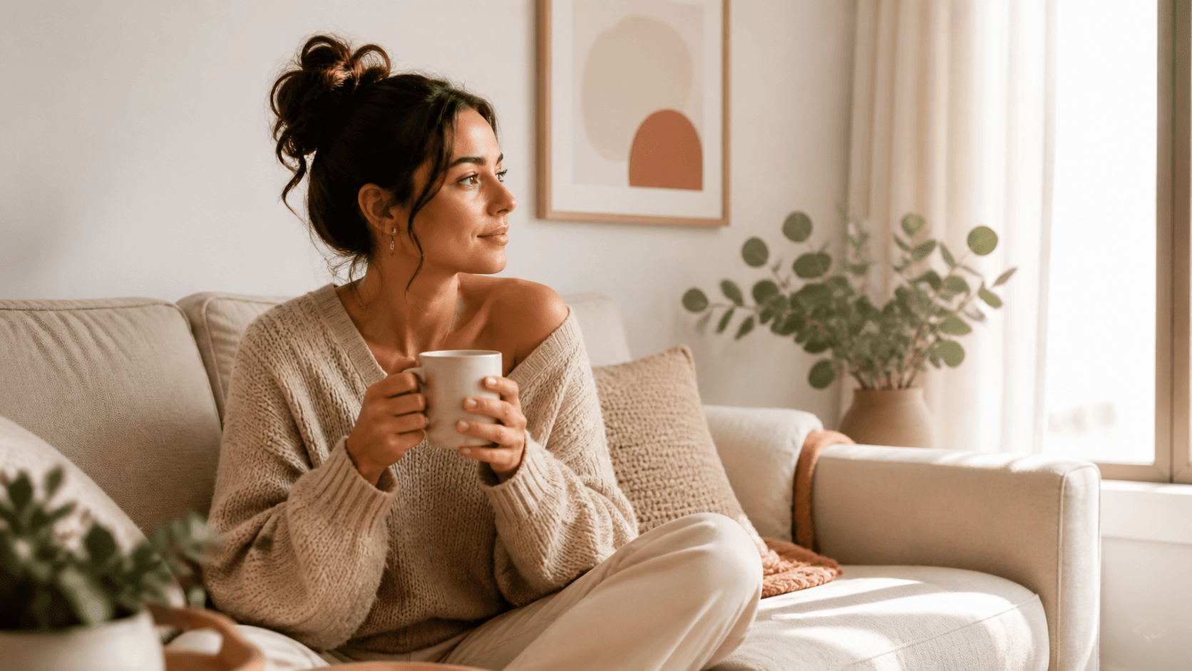 Calm woman in a beige sweater holding a mug on a bright neutral sofa