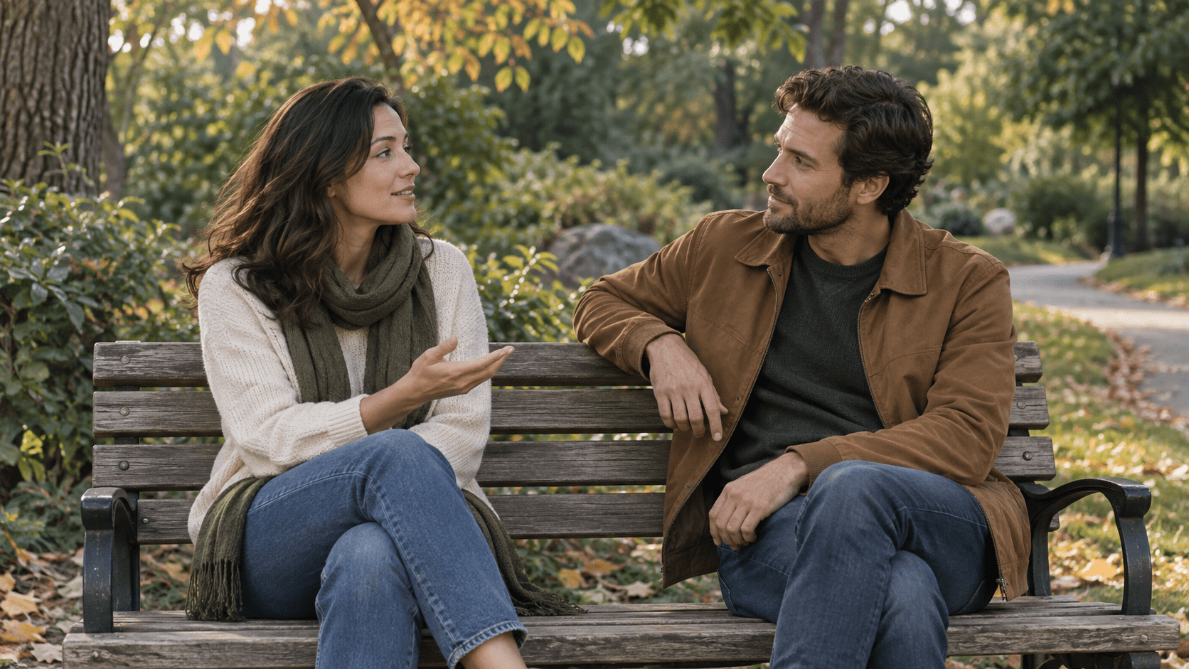 Woman having a calm and honest conversation with a man on a park bench