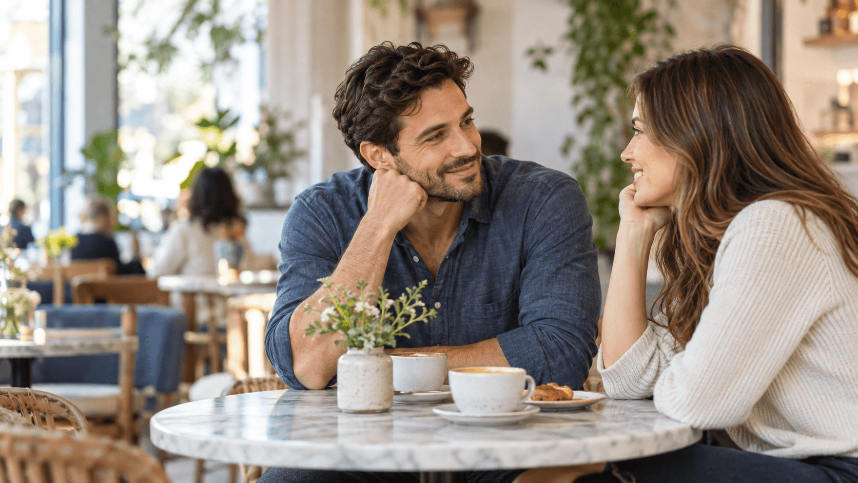 A couple enjoying a relaxed date while listening to each other with warm eye contact