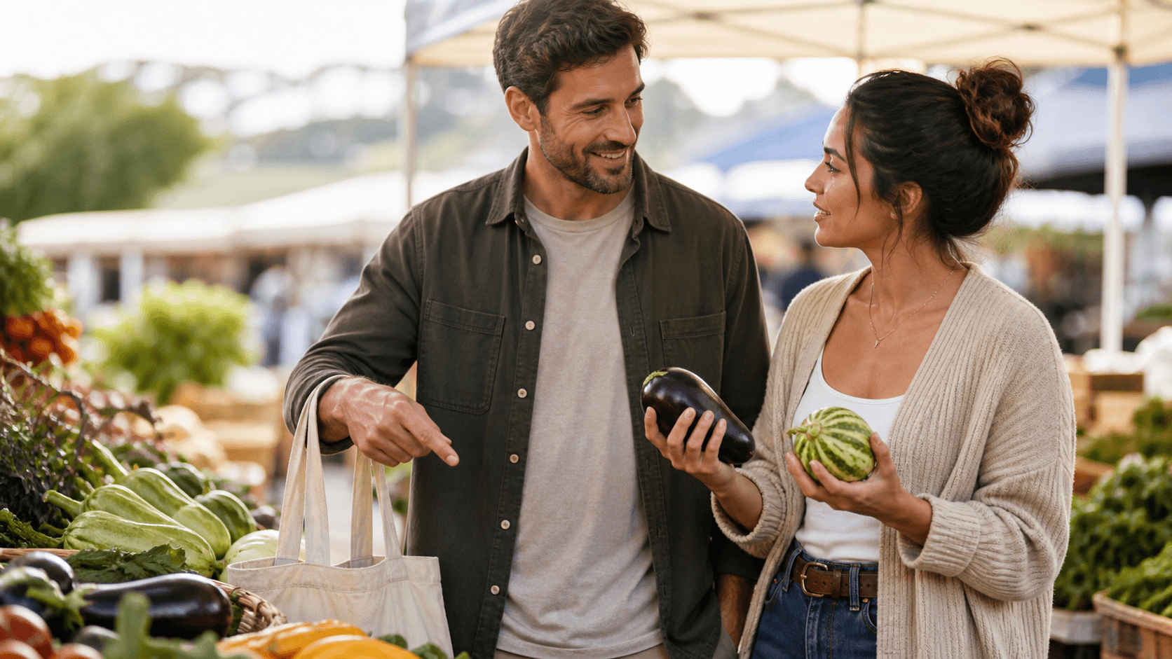 A couple listening to each other and choosing ingredients together at a sunny farmers market.