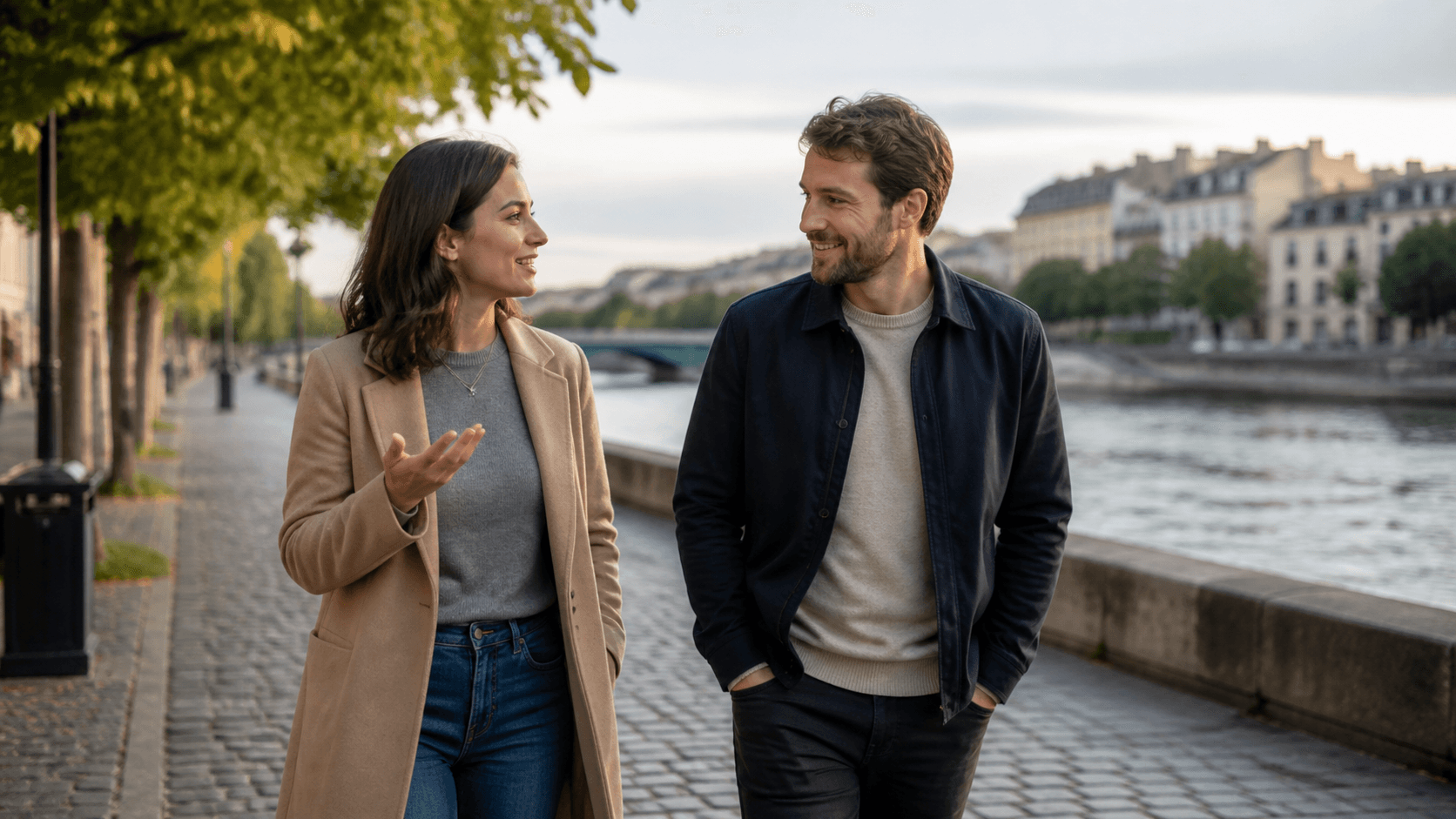 A woman and man having a relaxed, mutually engaged conversation while walking beside a city river.