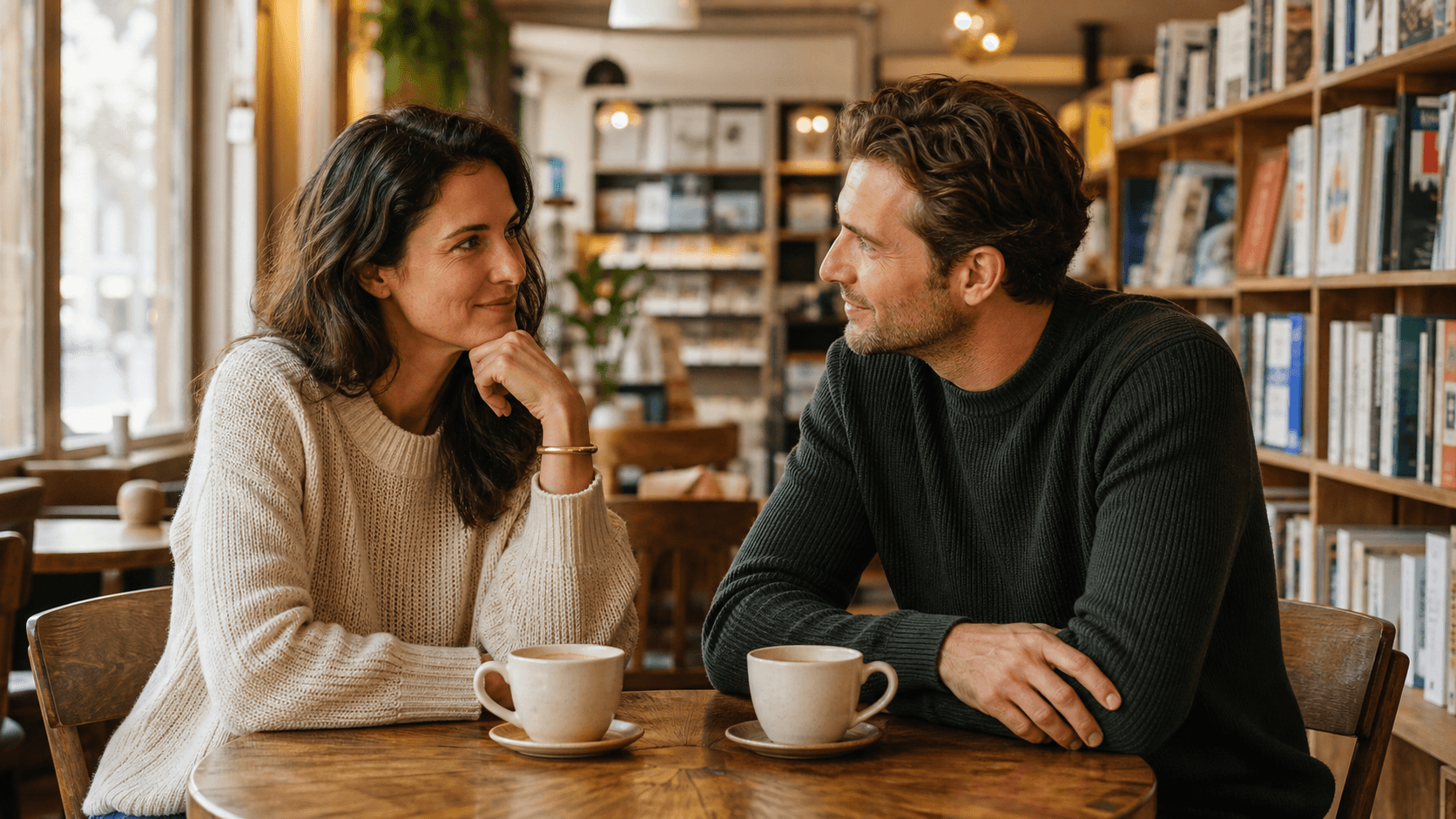 A woman and man in their late thirties share an attentive, relaxed conversation during a bookstore café date.
