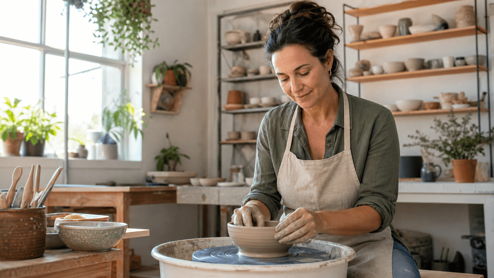 Confident woman in her thirties shaping a ceramic bowl in a bright pottery studio