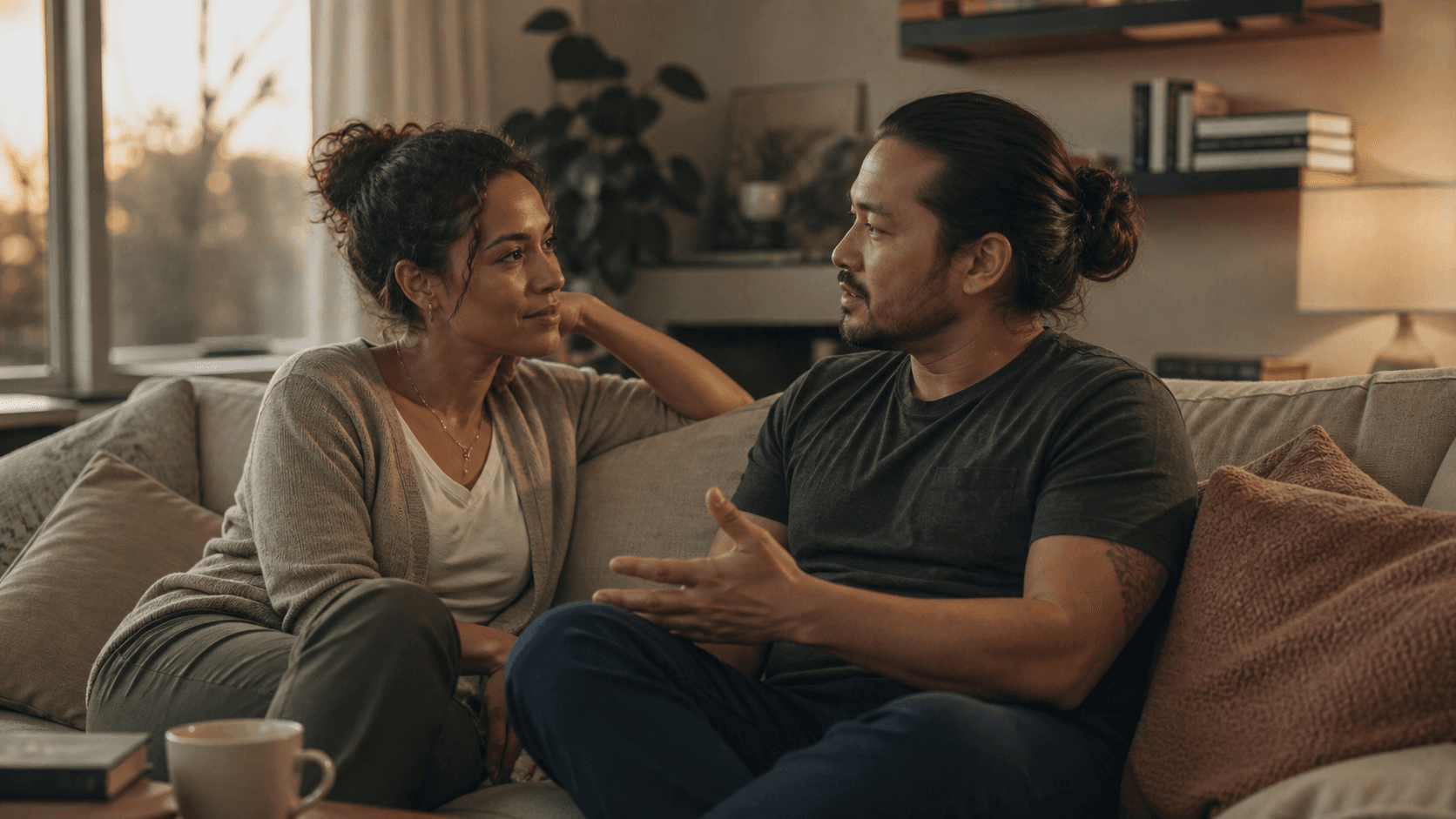 A couple having a warm and attentive conversation together on a sofa at home