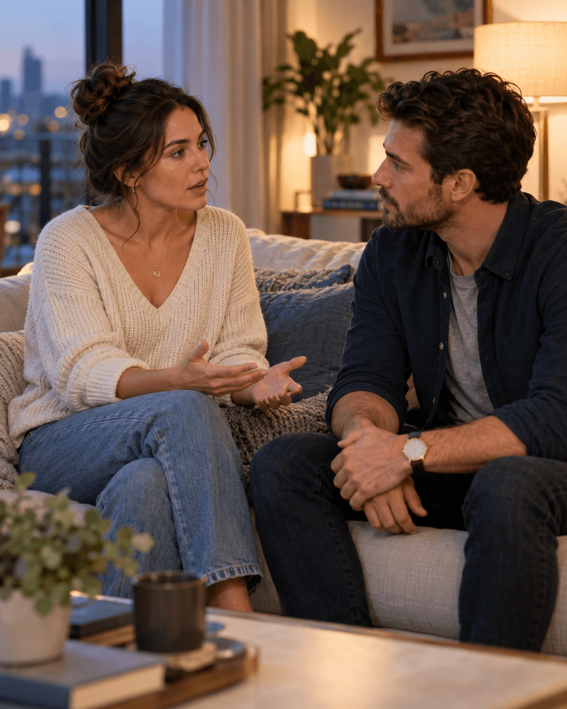 A woman speaking calmly while her partner listens during a serious conversation at home