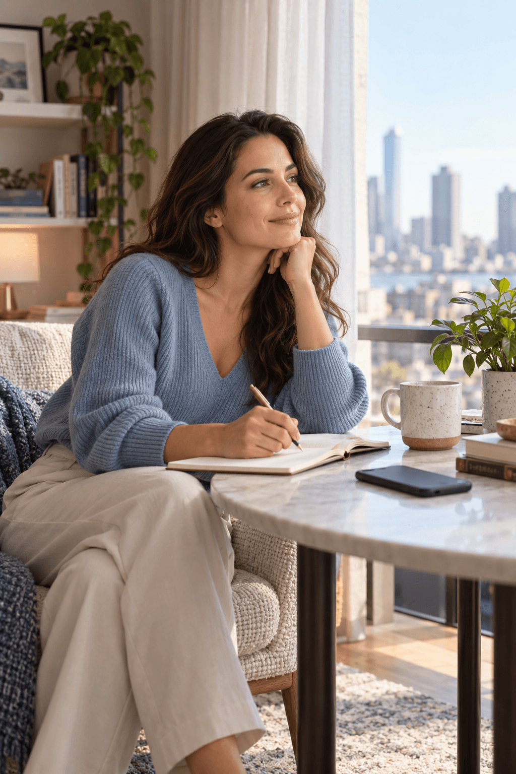 A calm woman journaling beside a face-down phone during no contact