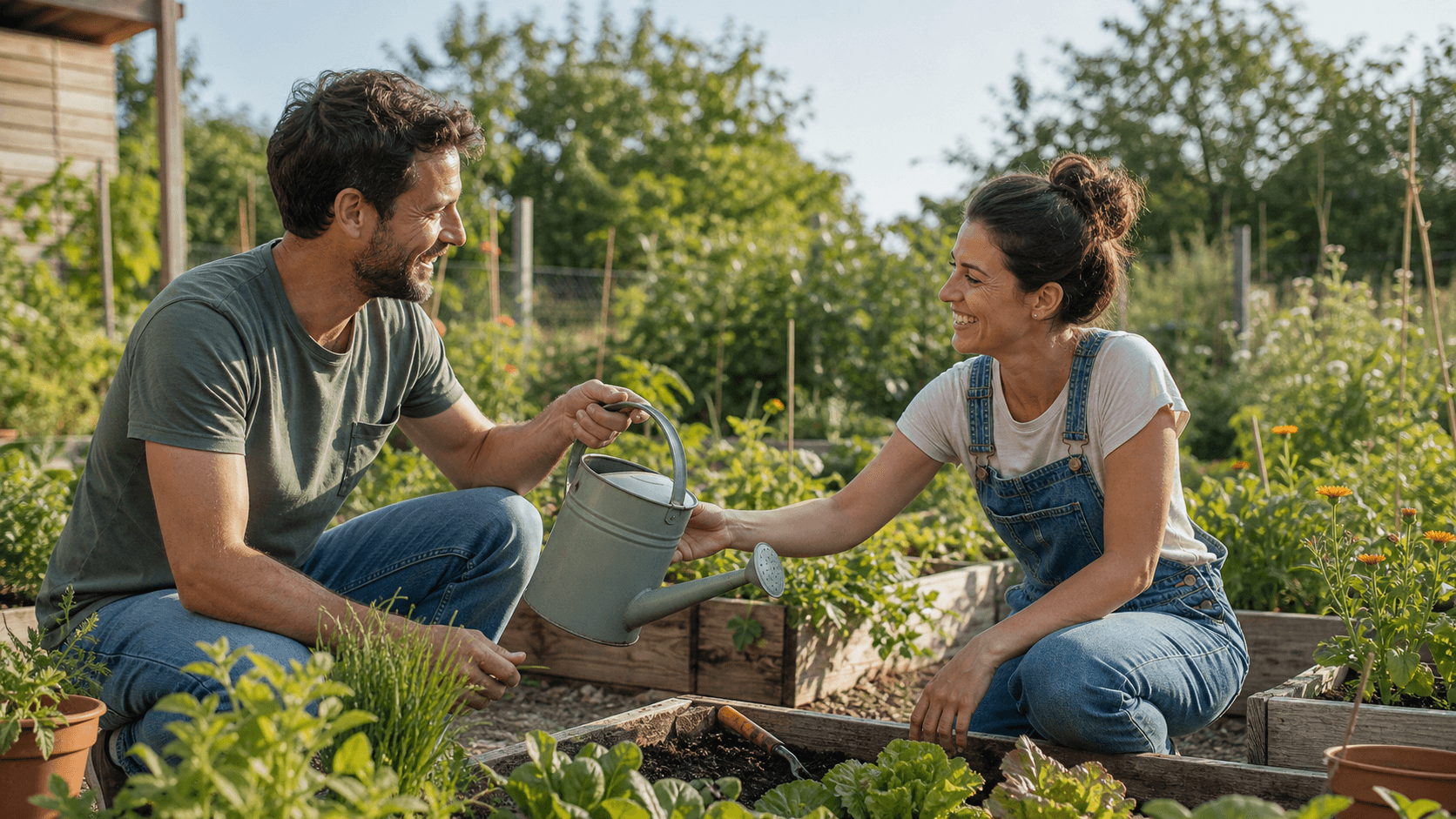 A happy couple working together in a sunny community garden with warm and equal body language