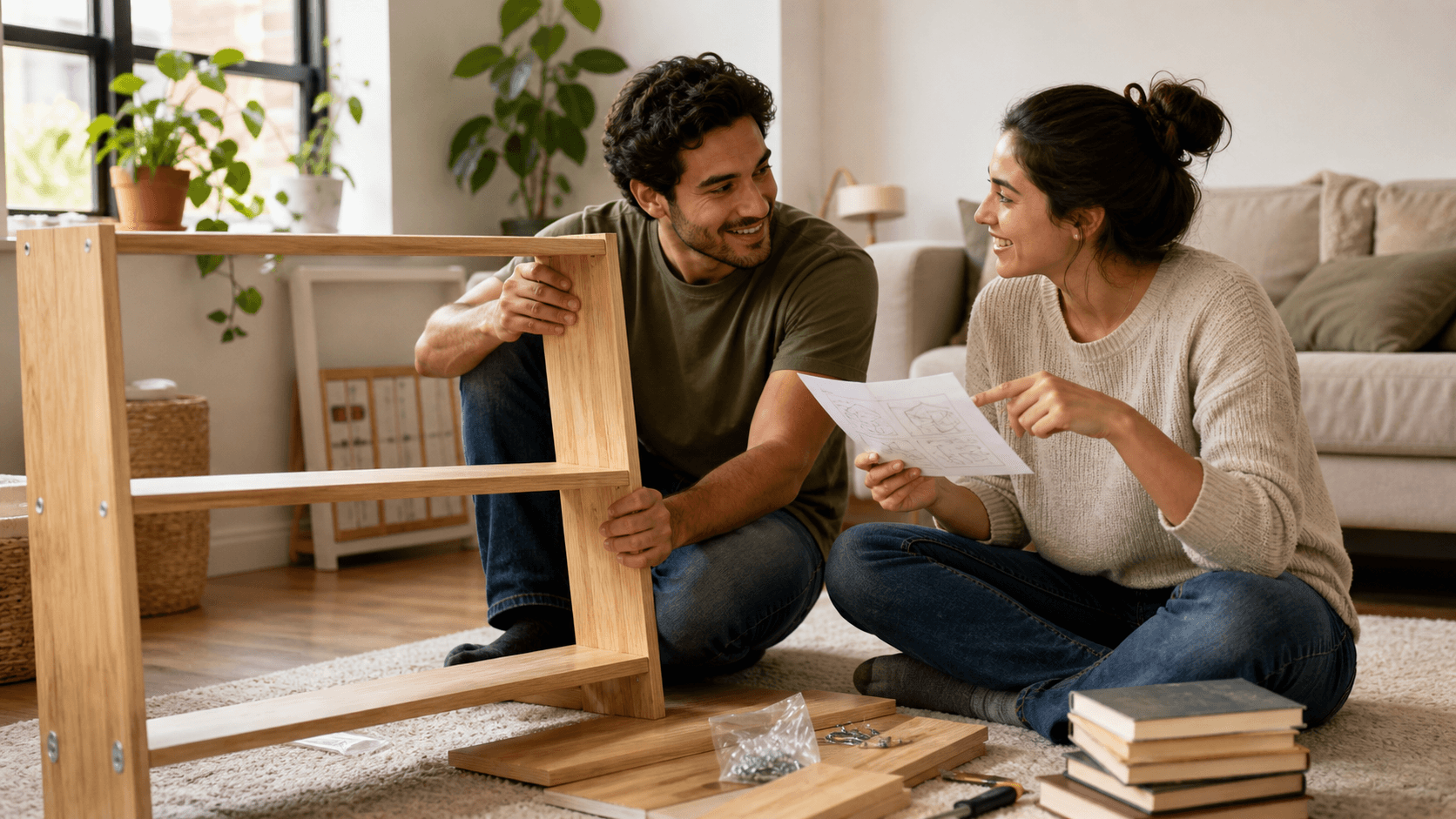 A happy couple works together to assemble a wooden bookshelf, showing warmth, communication, and teamwork.