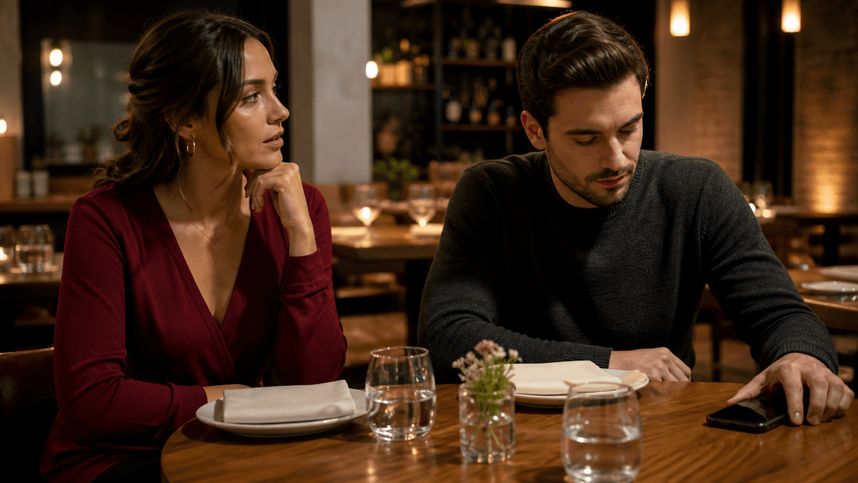 A woman notices that her date is distracted by his phone during an early evening restaurant conversation.