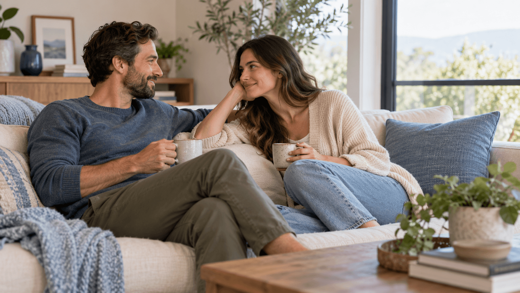 A relaxed couple sharing coffee and warm conversation together on a sofa