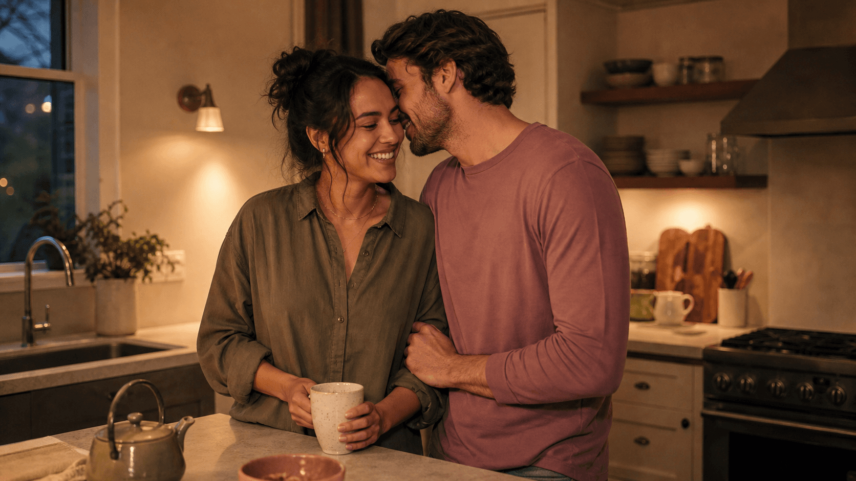 A couple sharing a playful and affectionate moment together while making tea in their kitchen