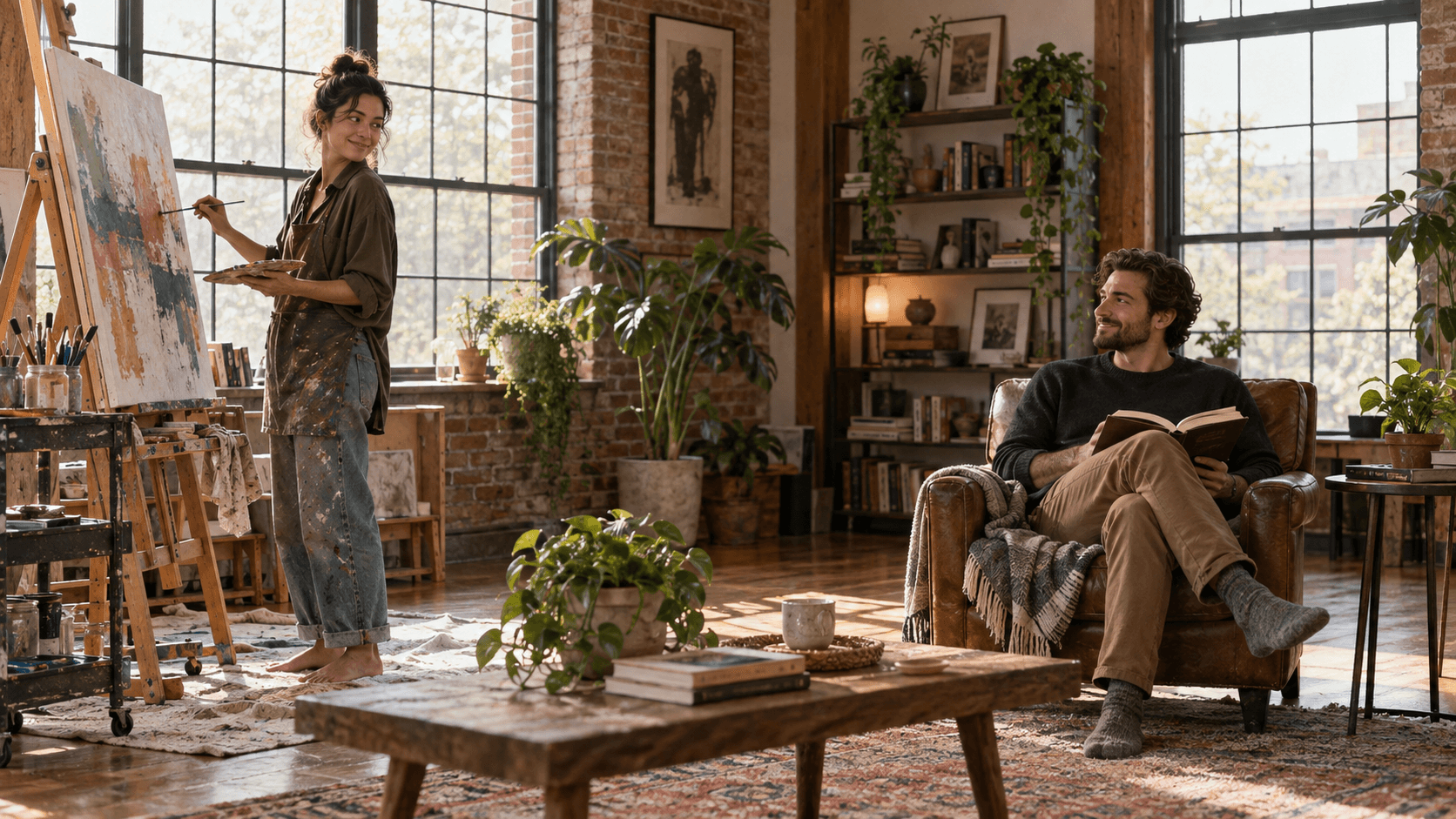 Couple enjoying separate creative activities together in a bright loft