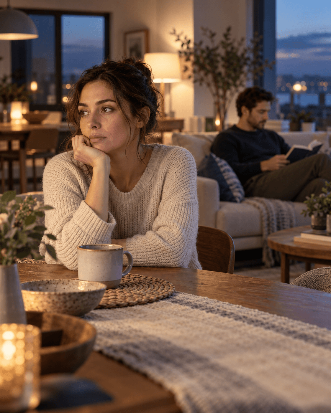 A woman feels emotionally unseen while her partner remains distant in the same room