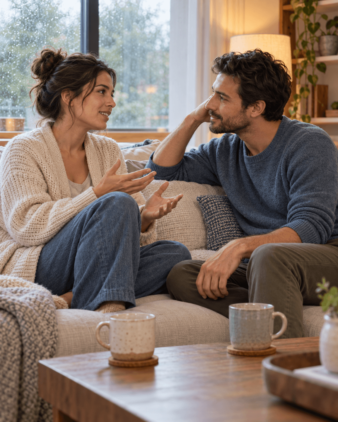 A couple shares a warm and attentive conversation together on a sofa