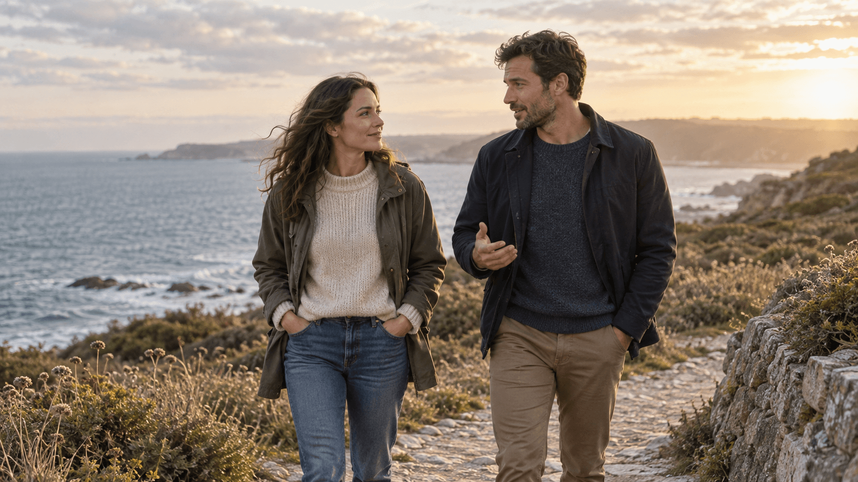 Man speaking openly with a woman while they walk together along a coastal path