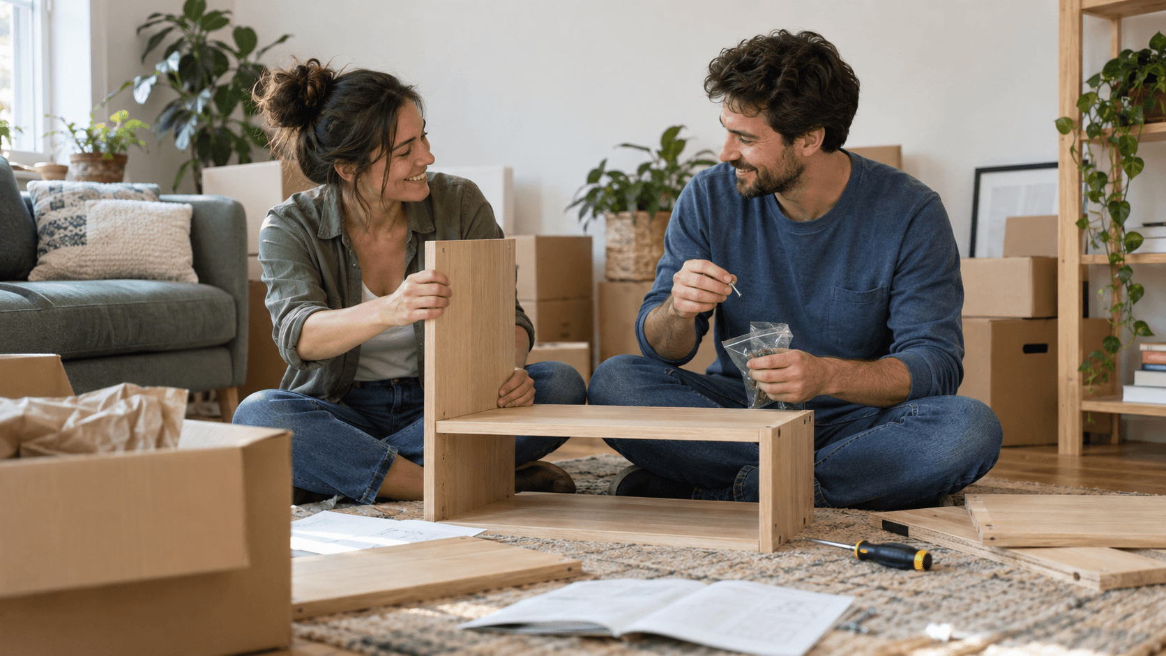 Couple working together to assemble a small shelf in a bright apartment