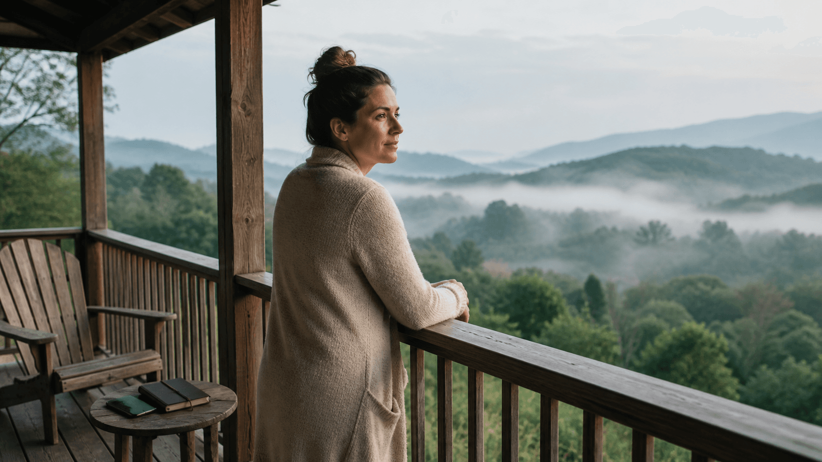 A reflective woman standing peacefully on a wooden porch overlooking a misty green mountain valley