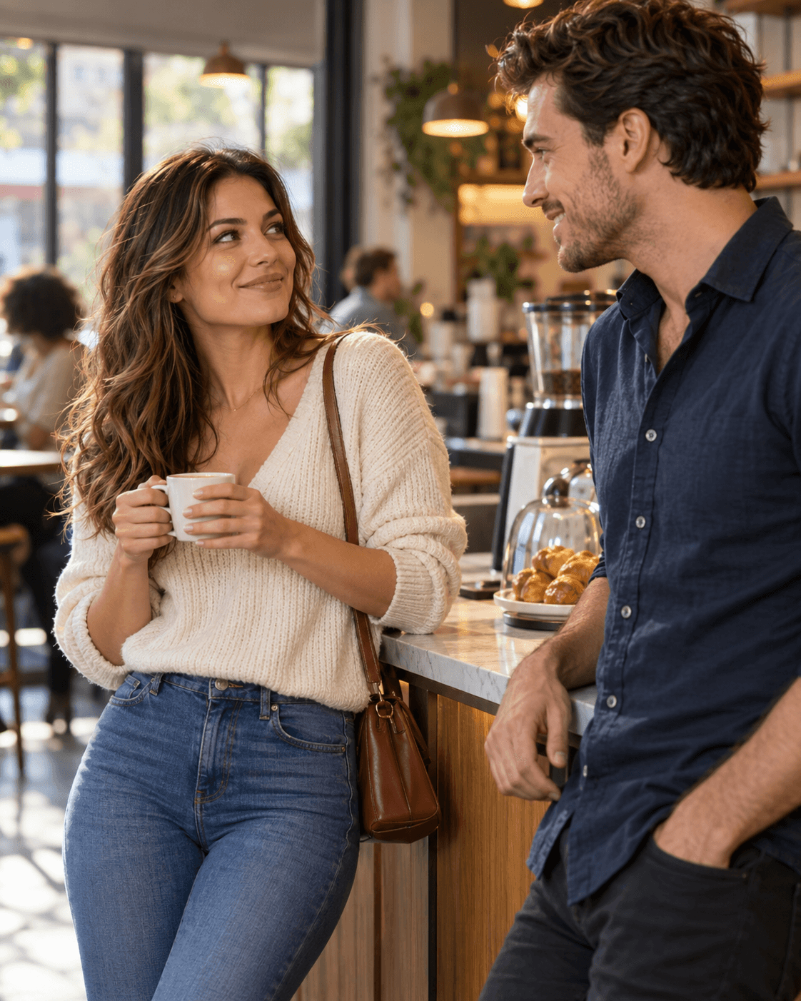 A woman and man share playful eye contact while flirting in a neighborhood café