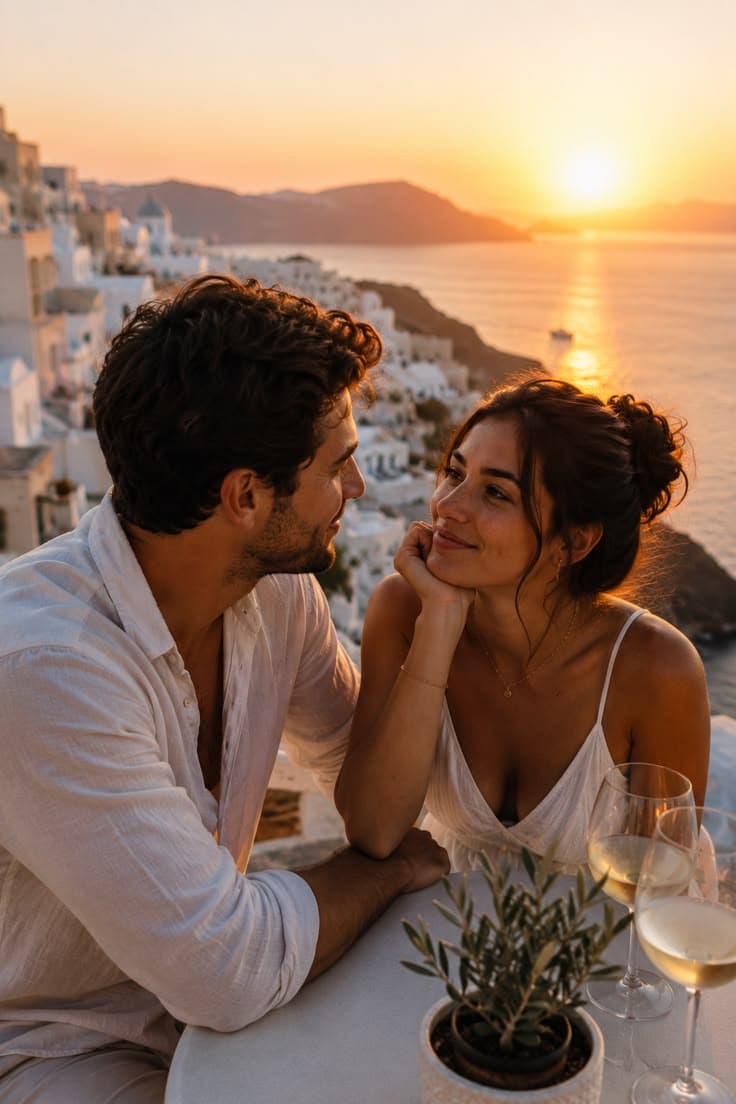 A couple sharing warm eye contact during a romantic sunset dinner overlooking the sea