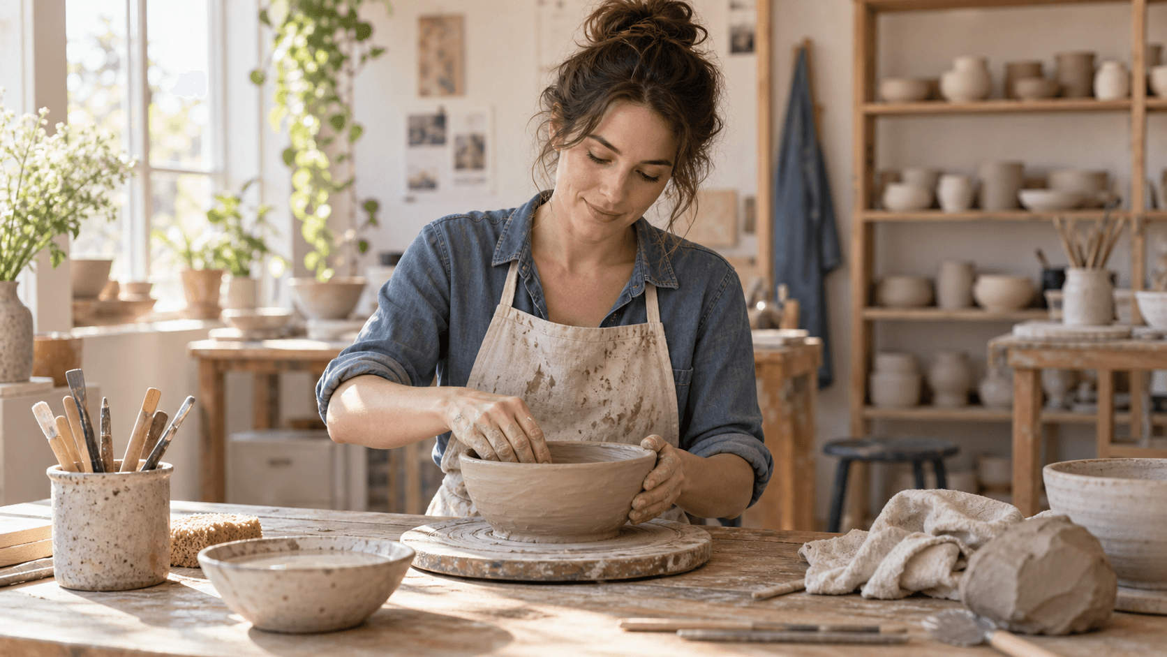 Woman calmly shaping a clay bowl in a sunlit pottery studio