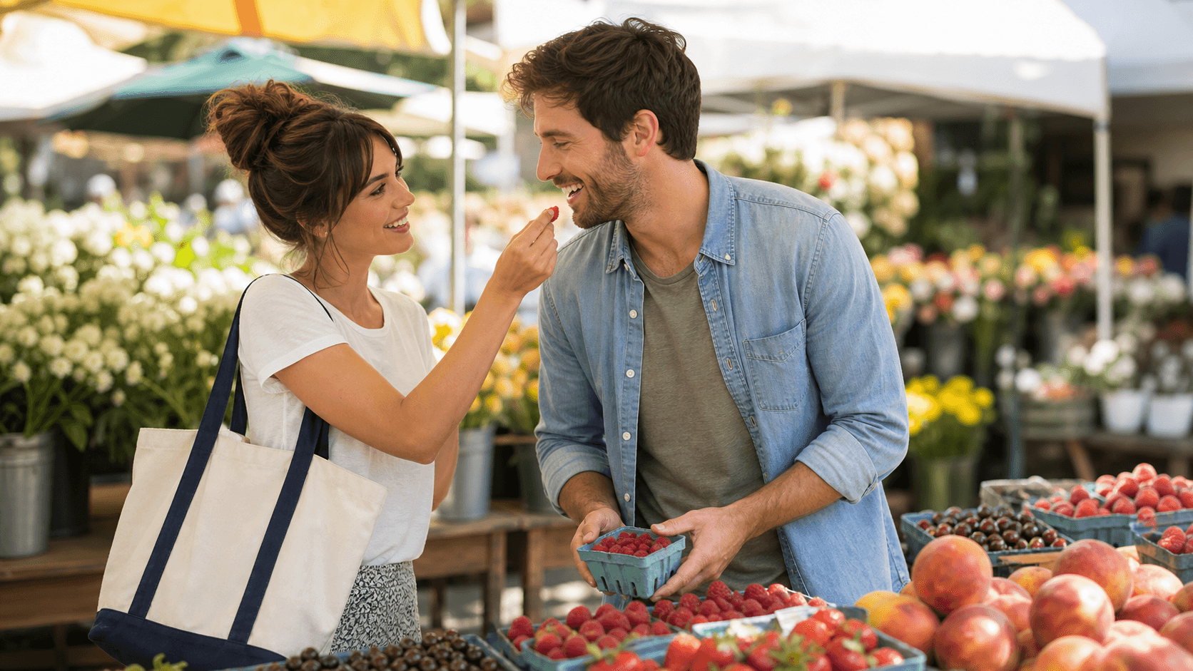 A woman and man share playful eye contact while tasting fruit together at a sunny farmers market.