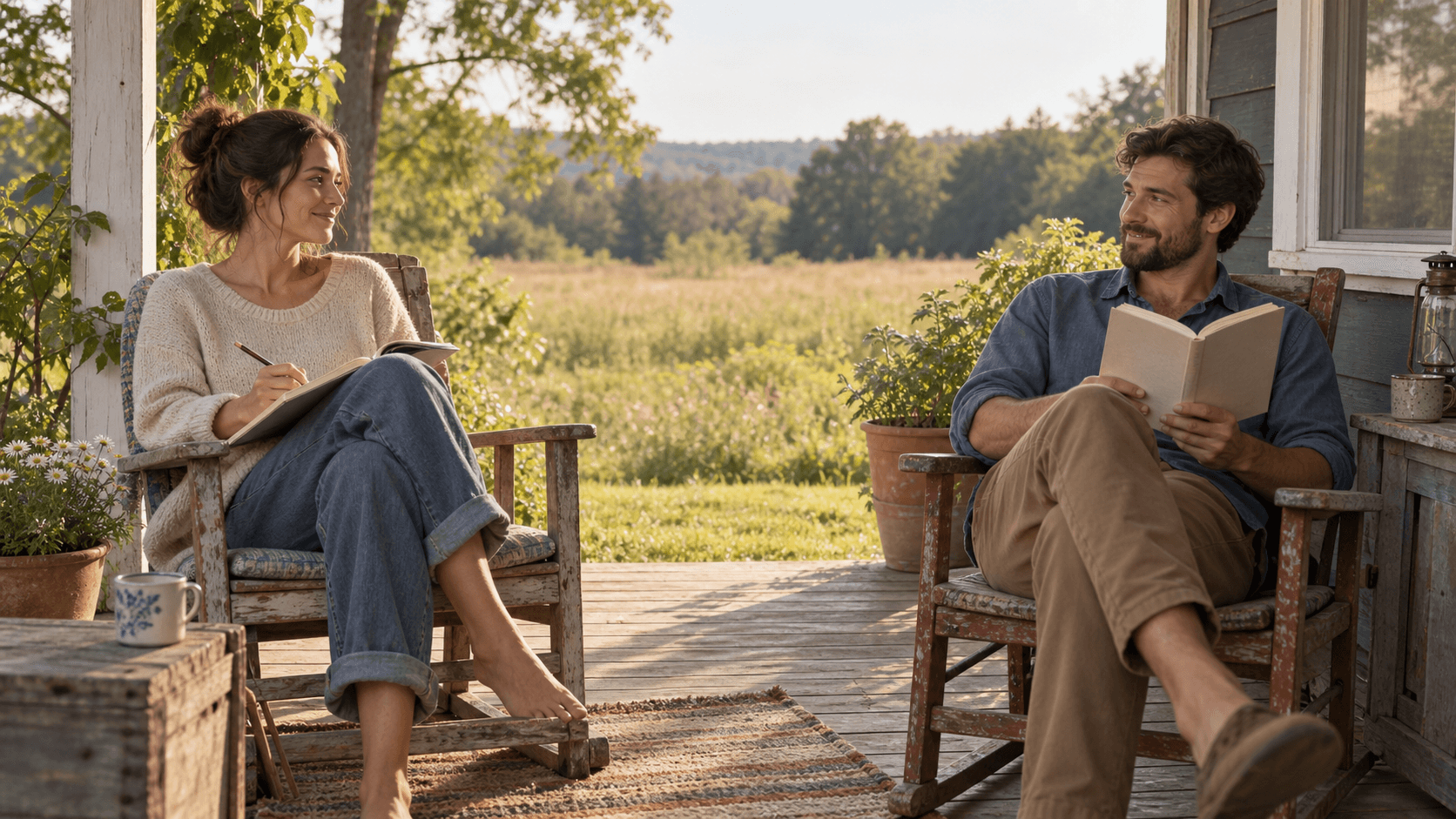 Couple enjoying separate quiet activities together on a sunny countryside porch