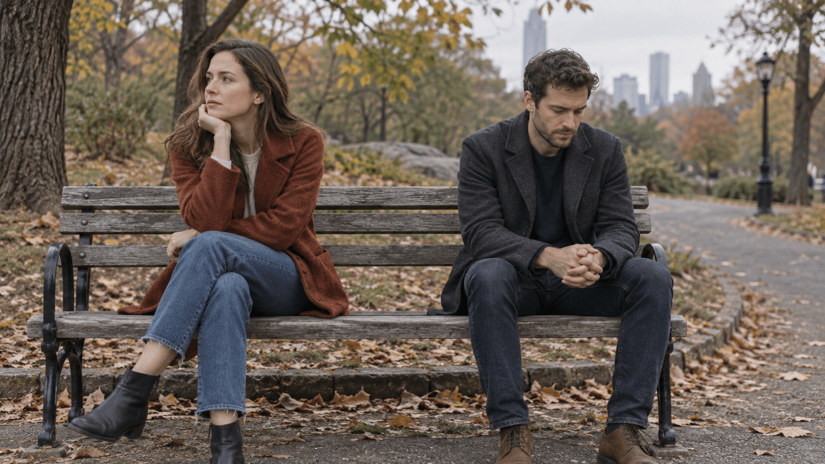 Thoughtful couple sitting apart on a park bench after a serious conversation