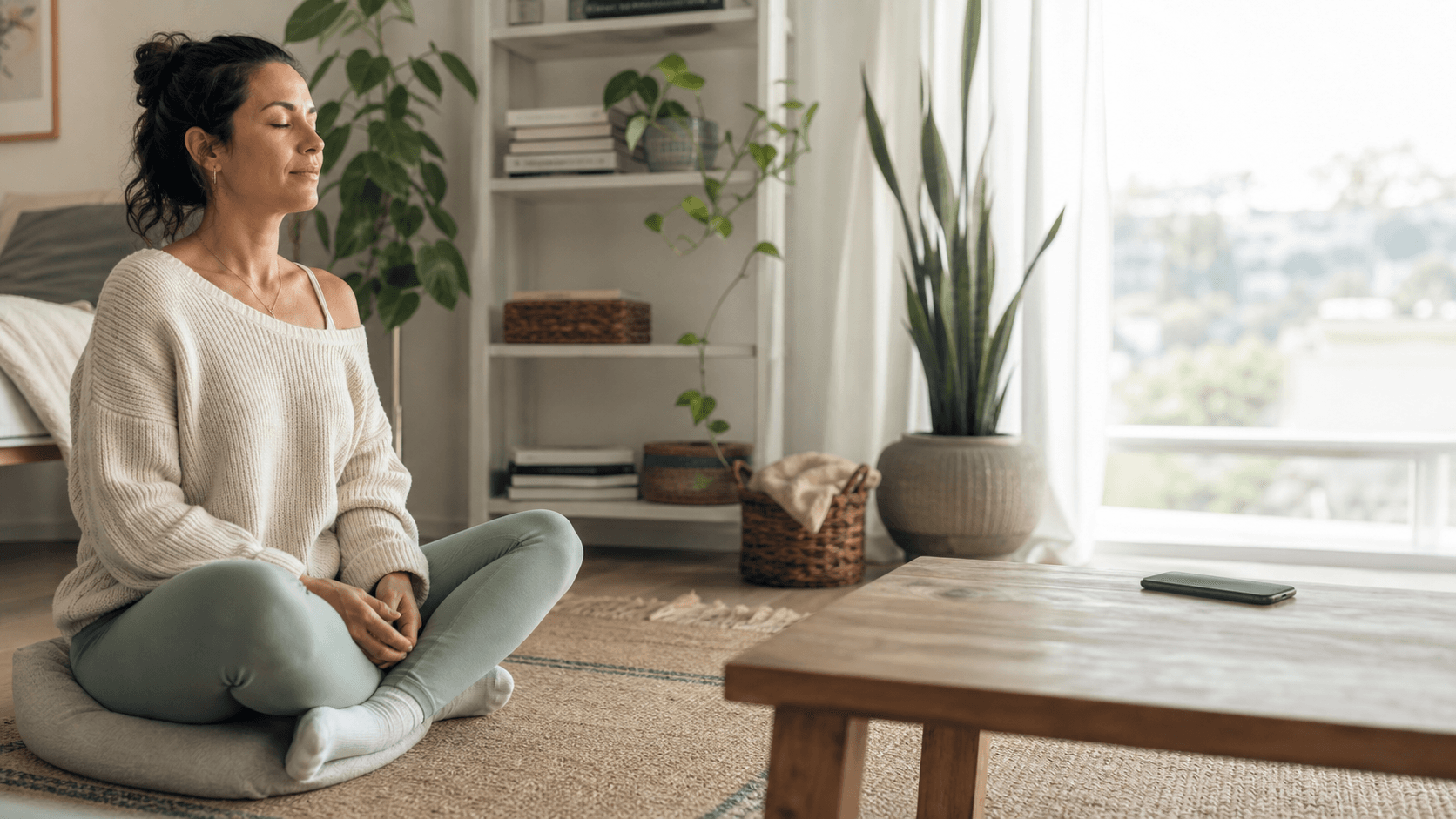A calm woman taking a grounding pause while her phone rests face-down on a table several feet away