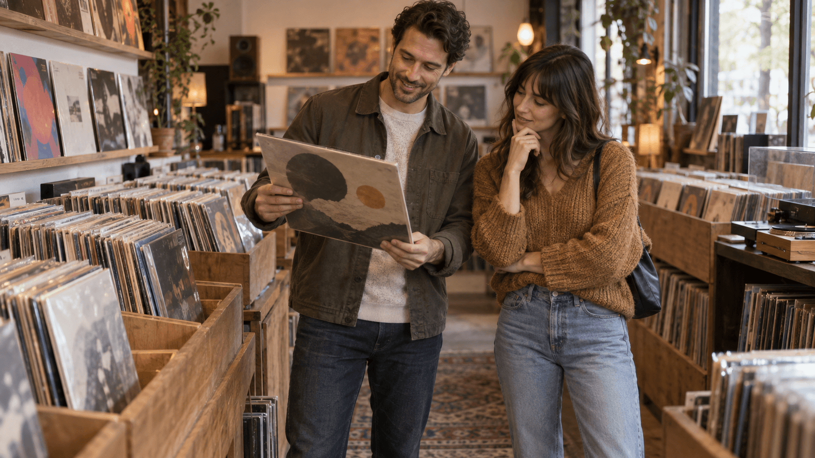 Man and woman browsing records together in a warm independent music shop