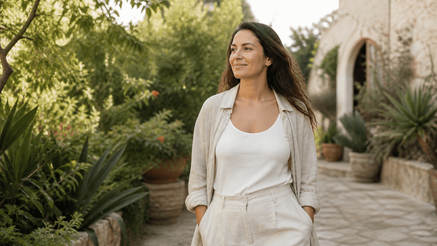 A calm, confident woman walking alone through a sunlit Mediterranean garden