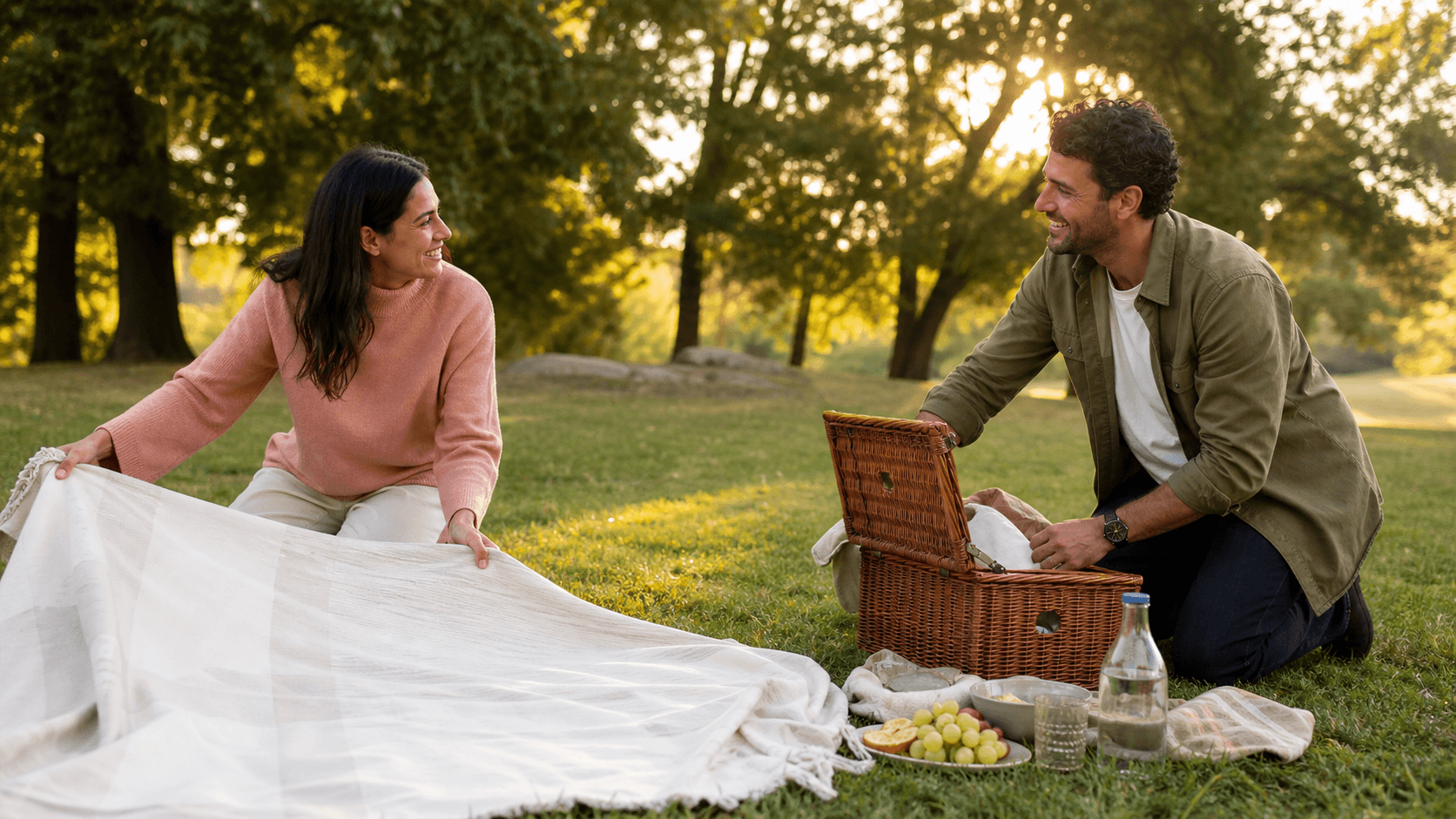 A happy couple working together to set up a relaxed picnic in a green park at golden hour