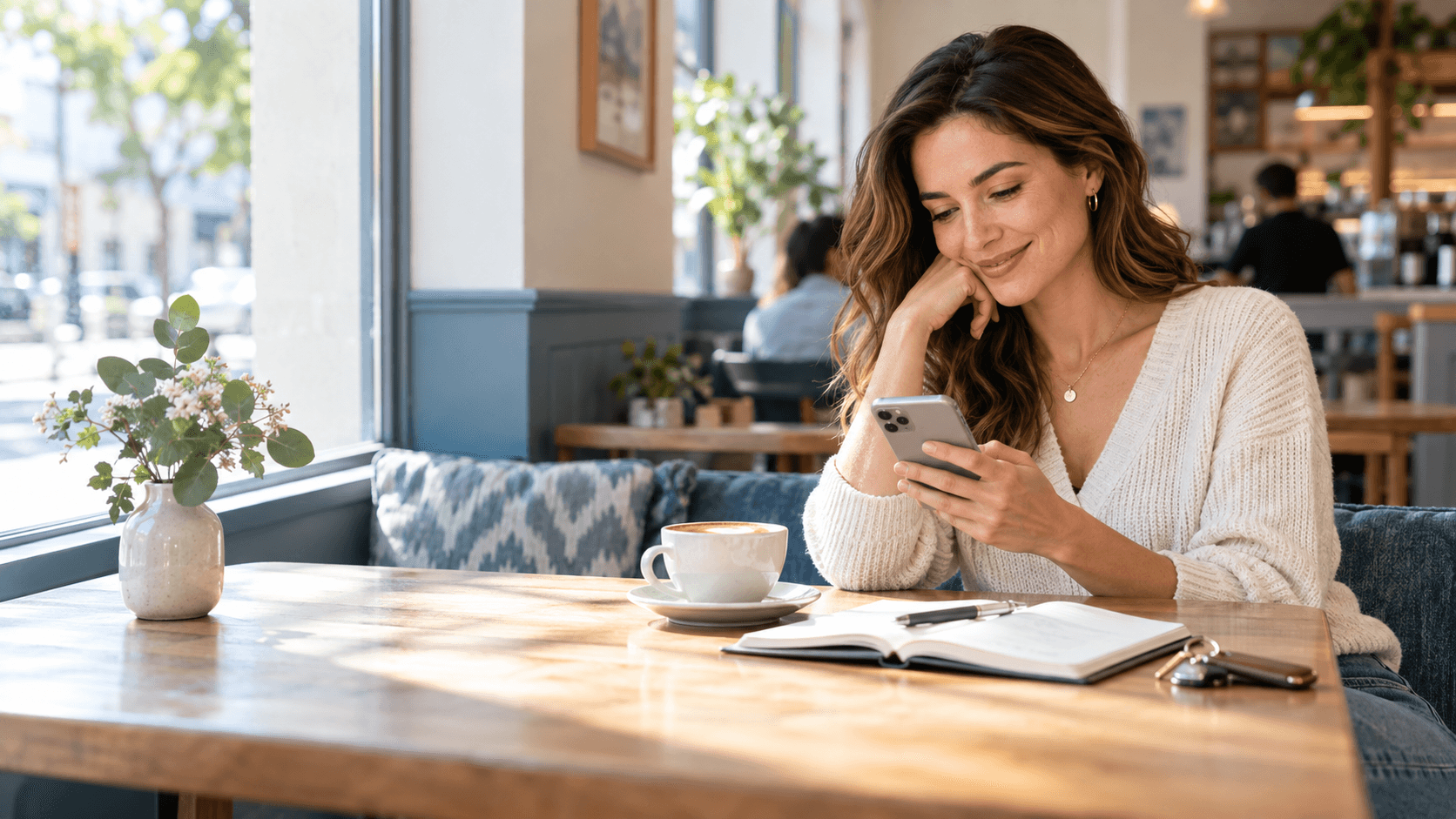 A relaxed woman reading a message while enjoying coffee and keeping her own plans