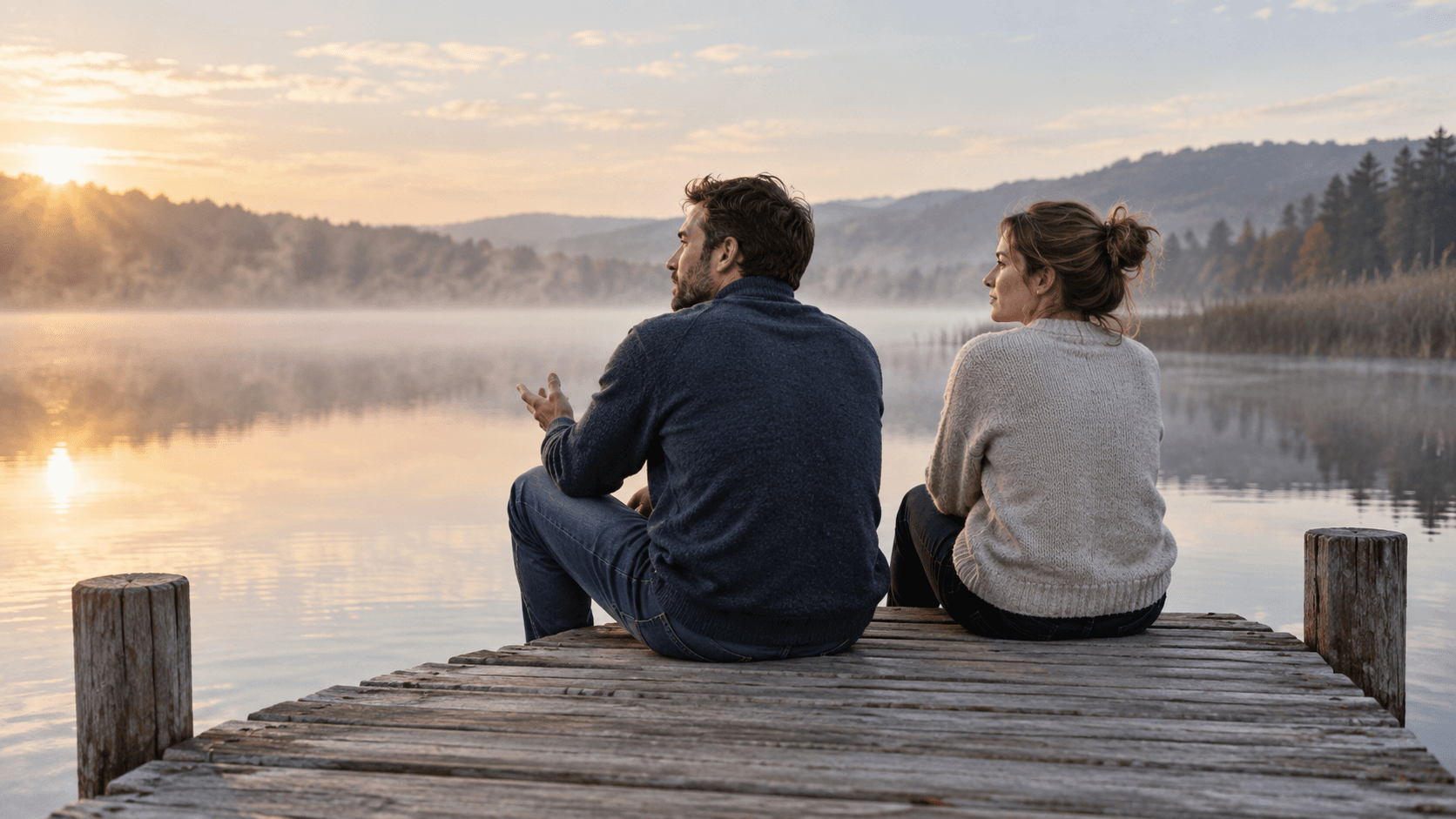 Man speaking while a woman listens beside him on a quiet misty lake dock