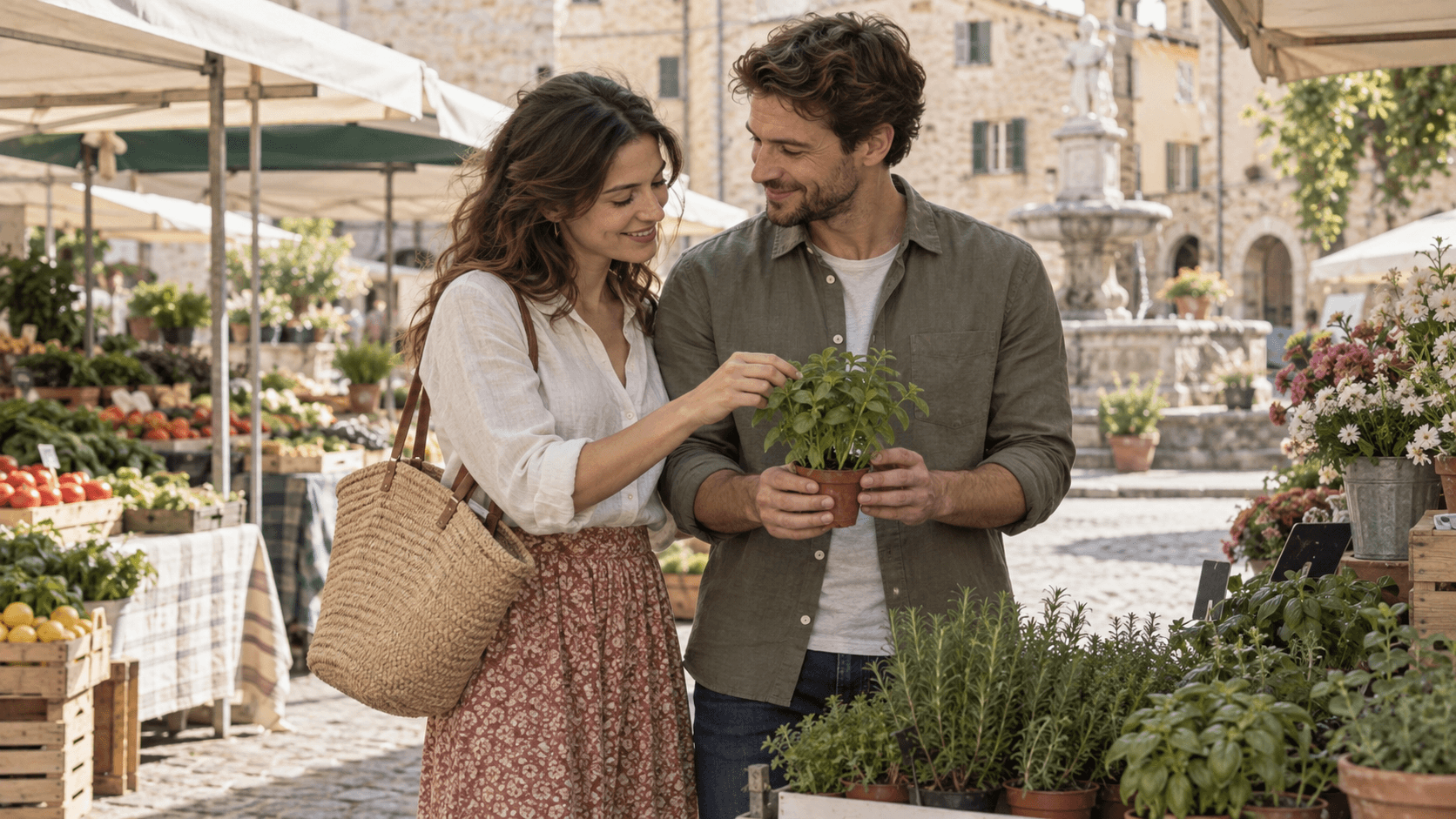 Couple choosing a potted herb together at a sunny outdoor market