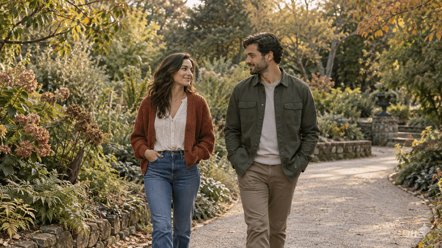 Couple exchanging warm glances while walking through an autumn botanical garden