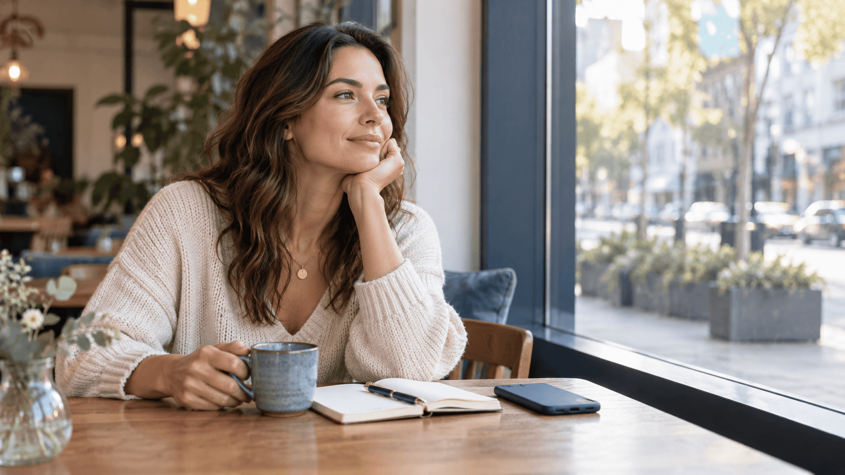 A calm woman sitting in a café with her phone face down while reflecting after a breakup