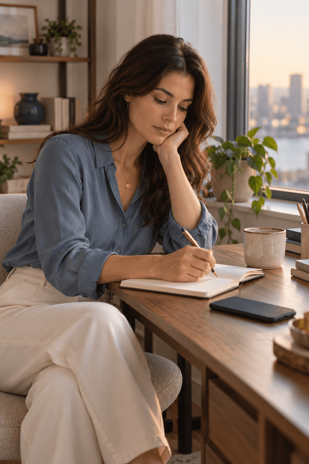 A reflective woman drafting a sincere apology to her ex in a notebook