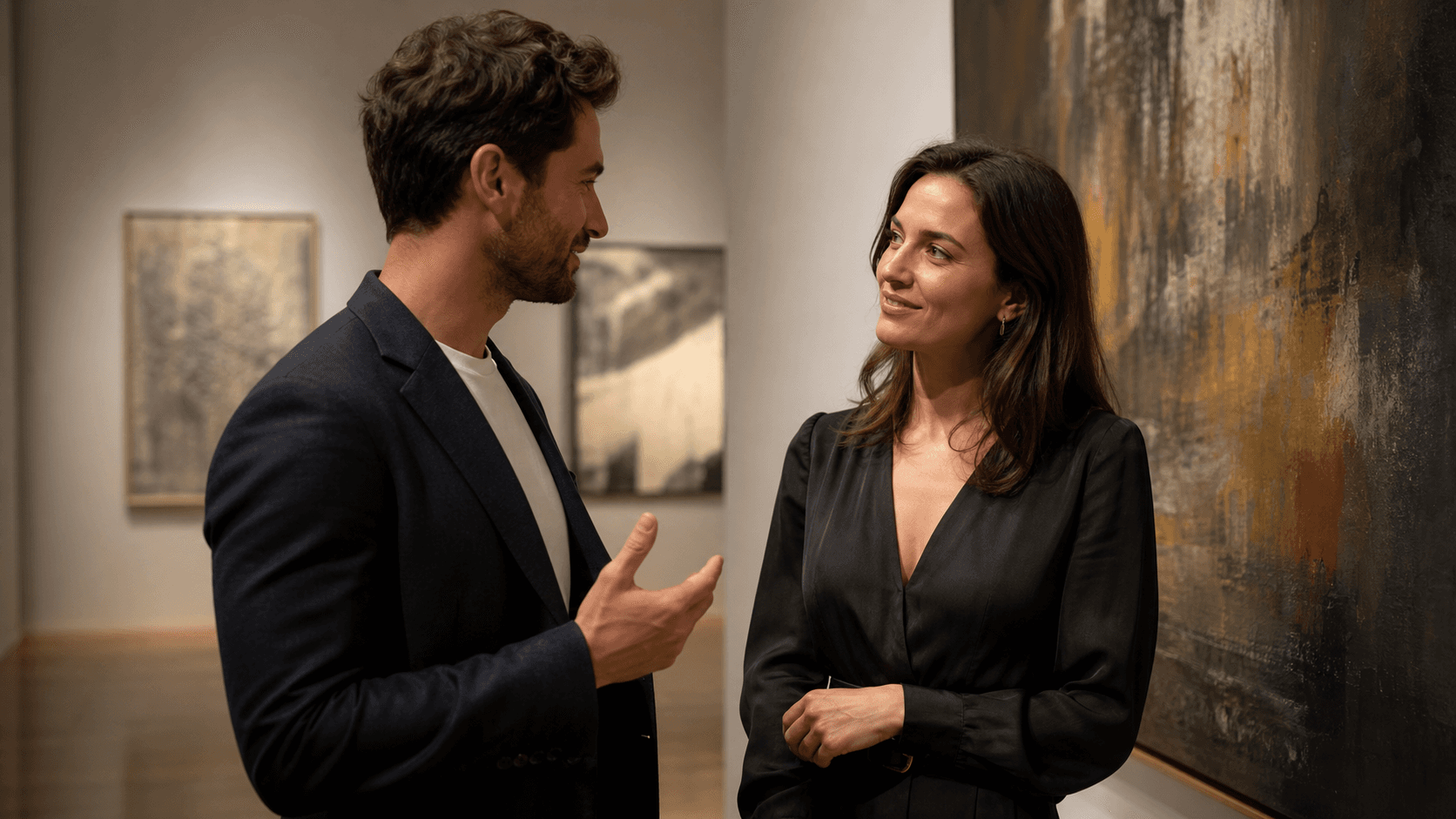 A poised woman and confident man sharing a warm, mutually engaged conversation in a contemporary art gallery.
